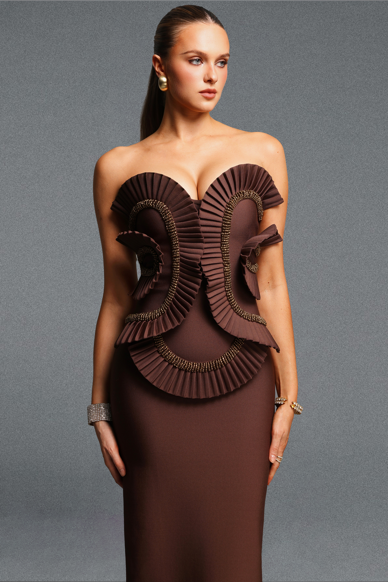 Toto Stylish Strapless Ruched Beaded Decor Bandage Maxi Dress