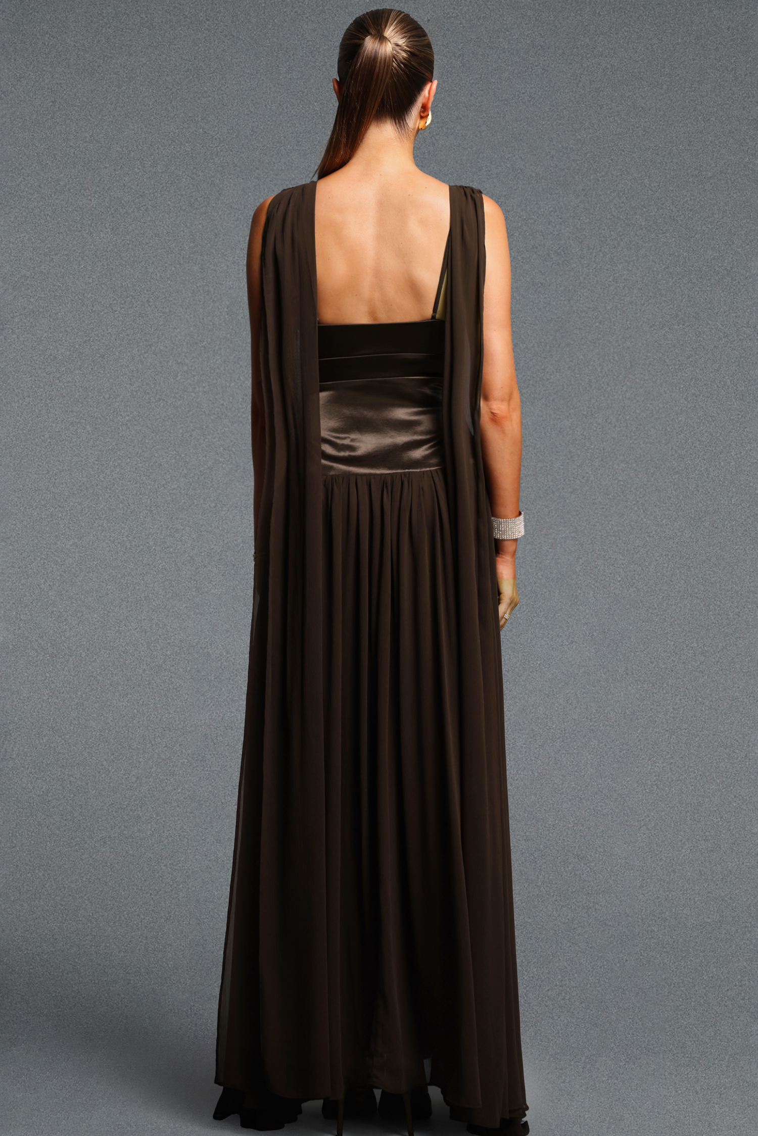 Liama Elegant Cinched Waist V Neck Sash Ruched Chiffon Satin Maxi Dress