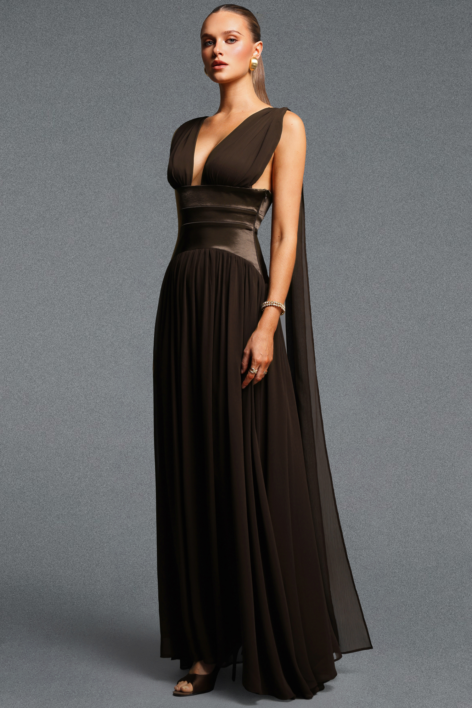 Liama Elegant Cinched Waist V Neck Sash Ruched Chiffon Satin Maxi Dress