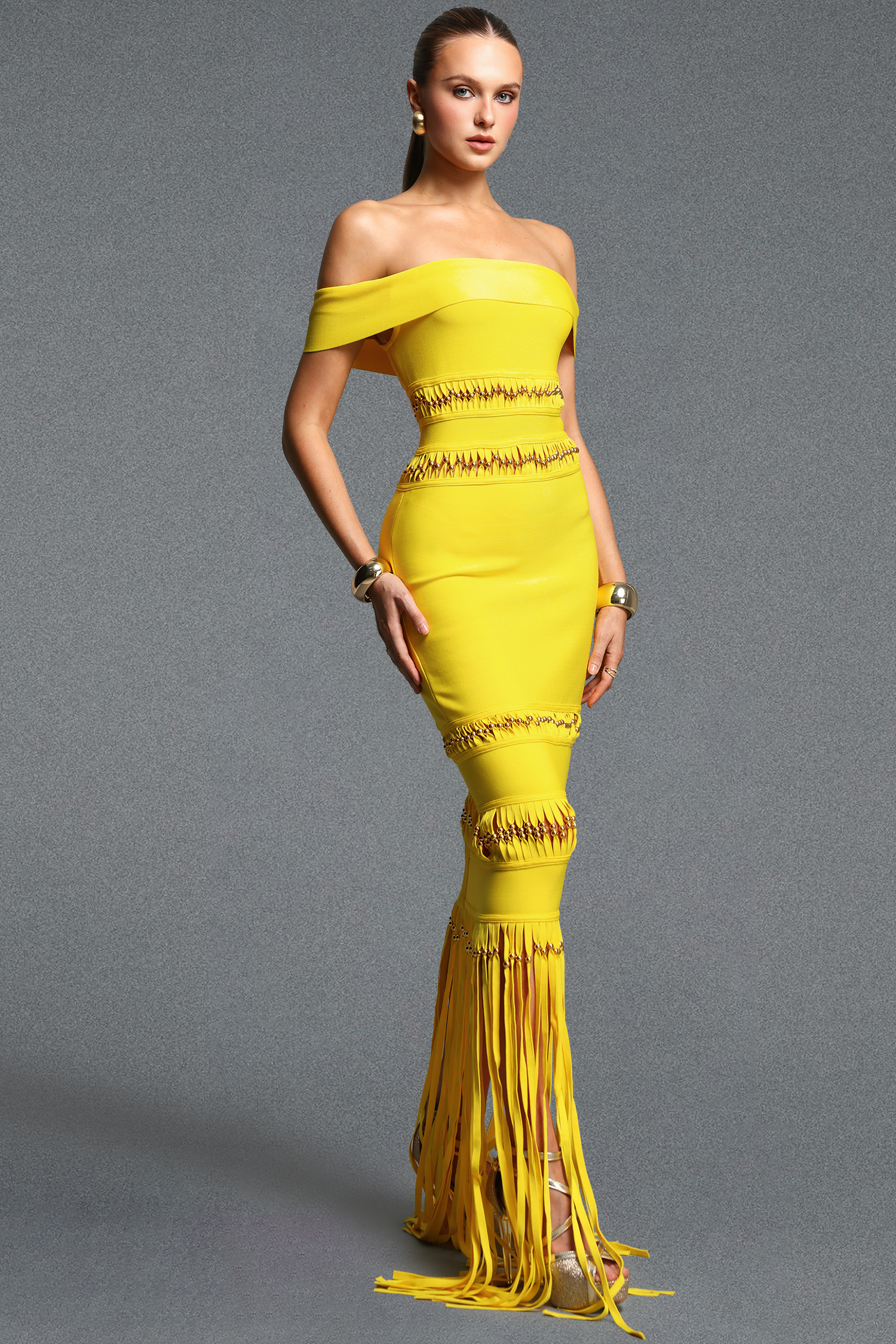 Sylvia Elegant Off Shoulder Beaded Tassel Bandage Maxi Dress