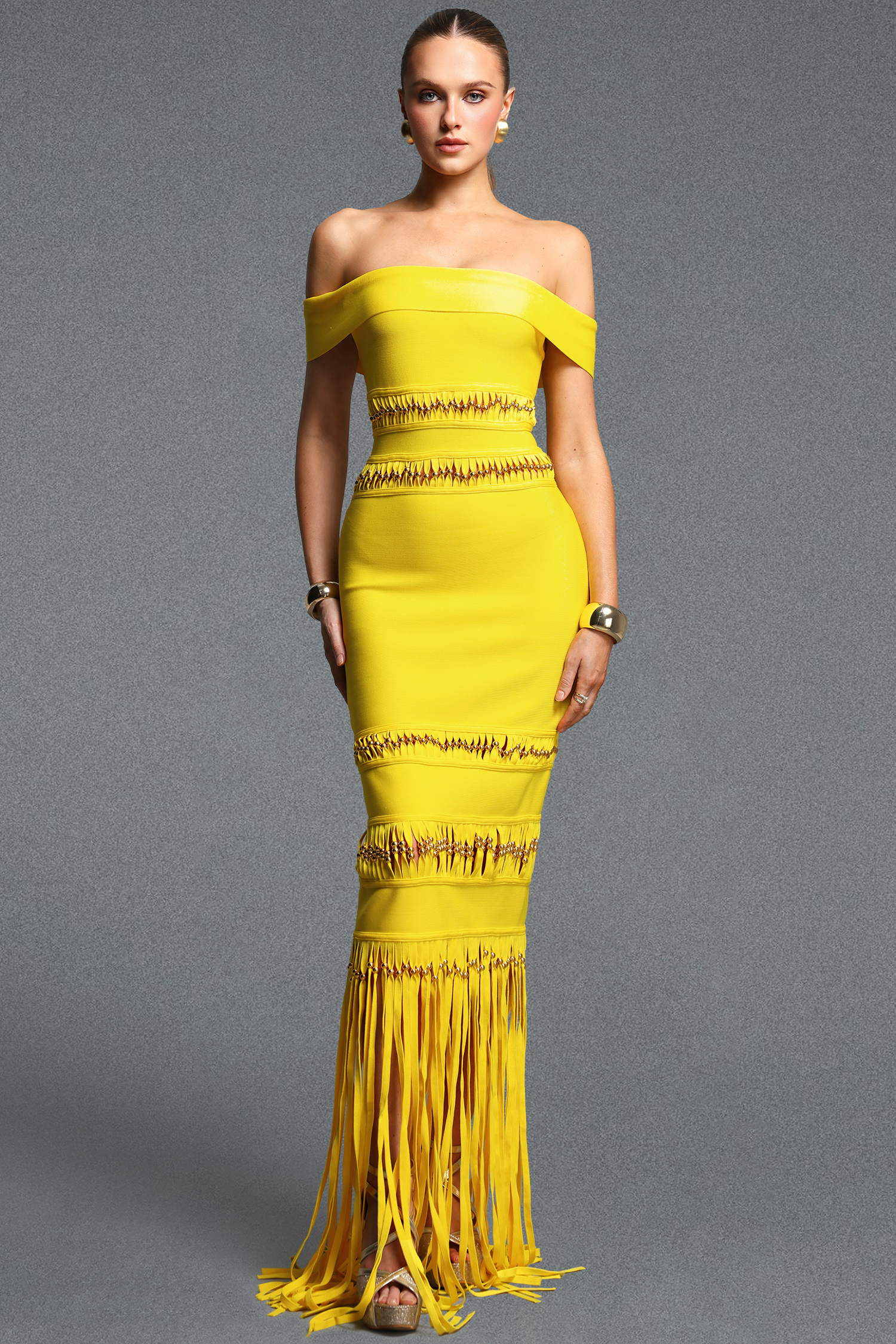 Sylvia Elegant Off Shoulder Beaded Tassel Bandage Maxi Dress