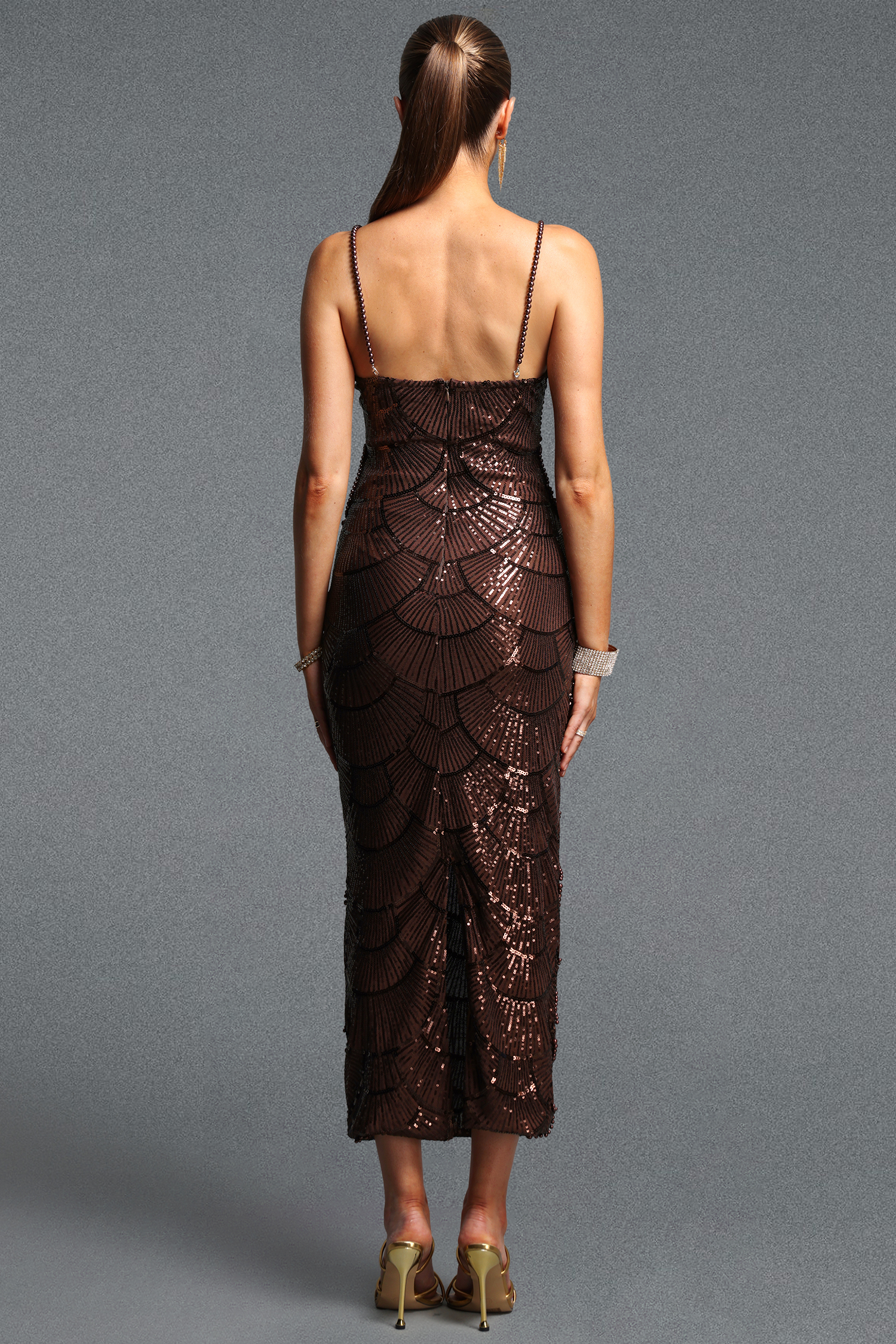 Teresa Pearl Sequin Gold Midi Dress