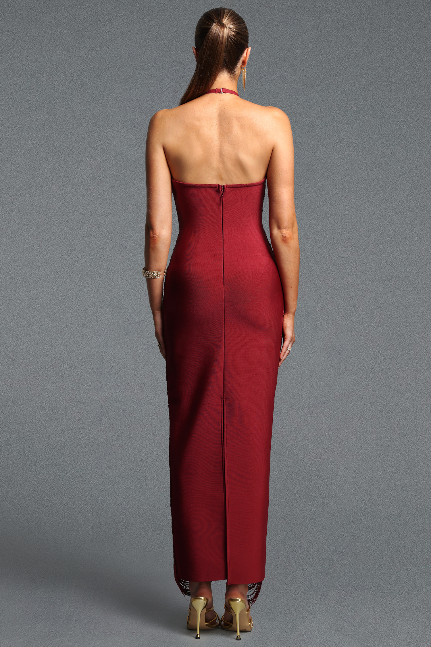 Jozie Classic Contour Halter Fringe Claret Maxi Dress