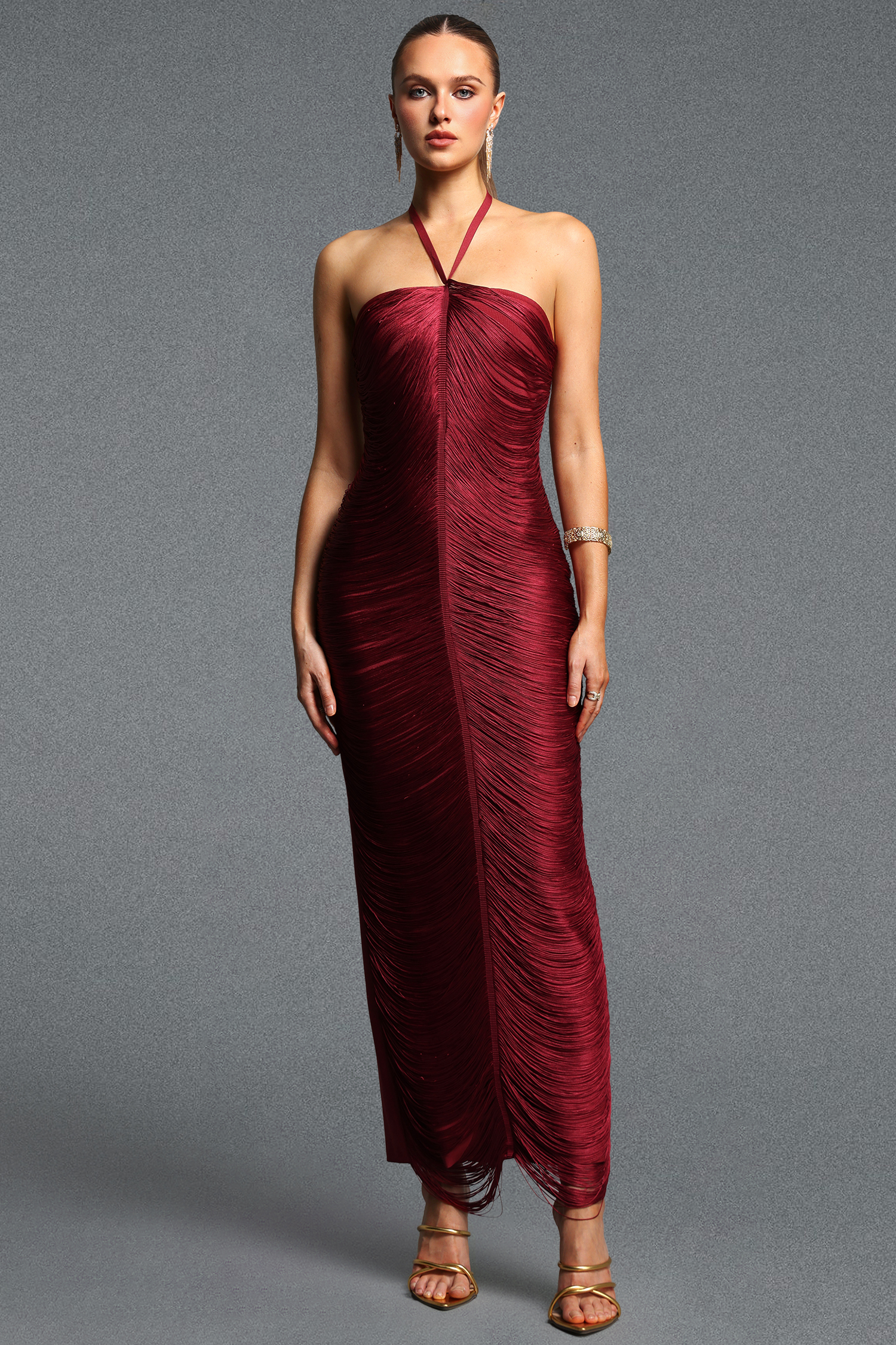 Jozie Classic Contour Halter Fringe Claret Maxi Dress