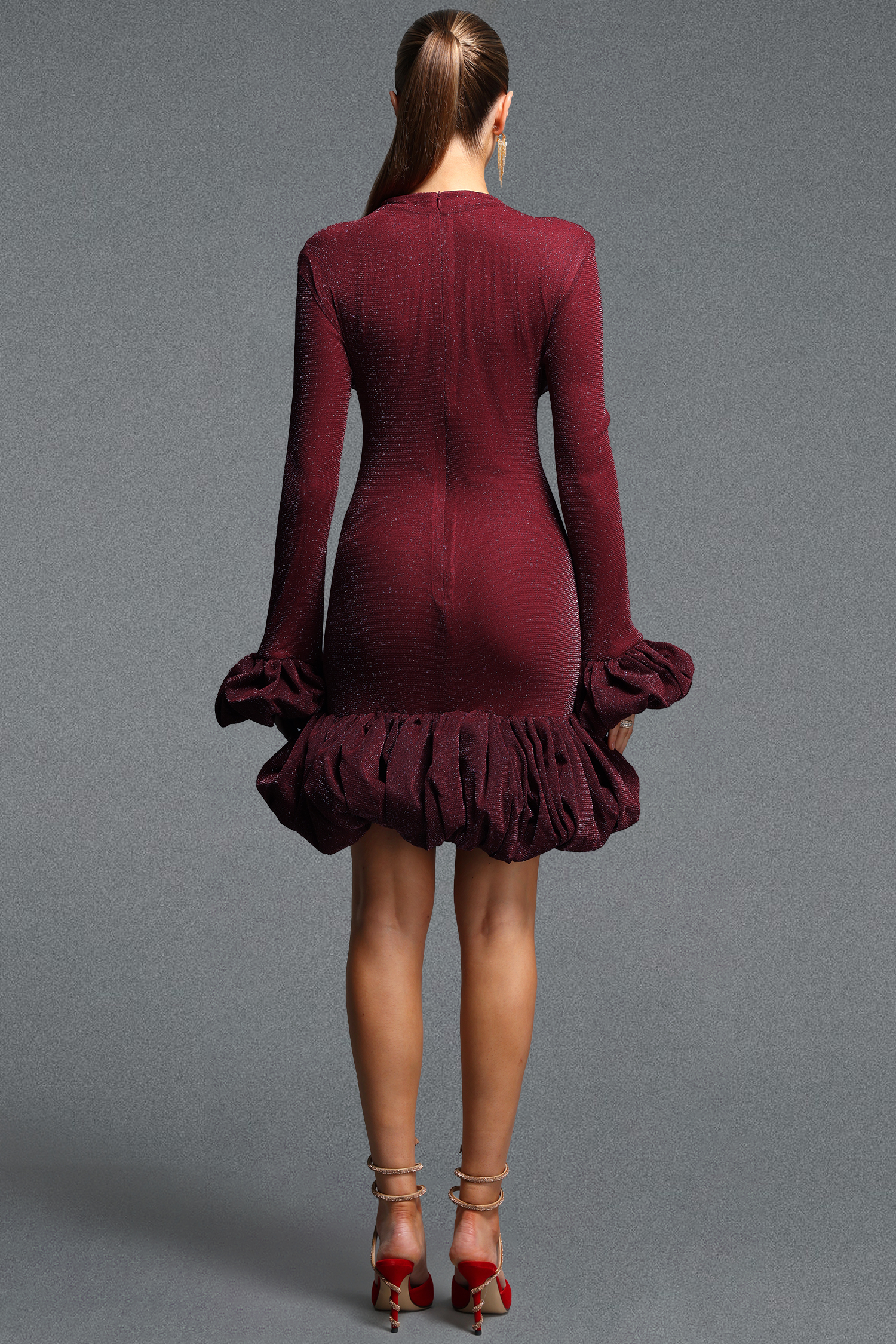 Trosy Stylish Cinched Waist Long Sleeve Ruched Shimmer Woven Mini Dress