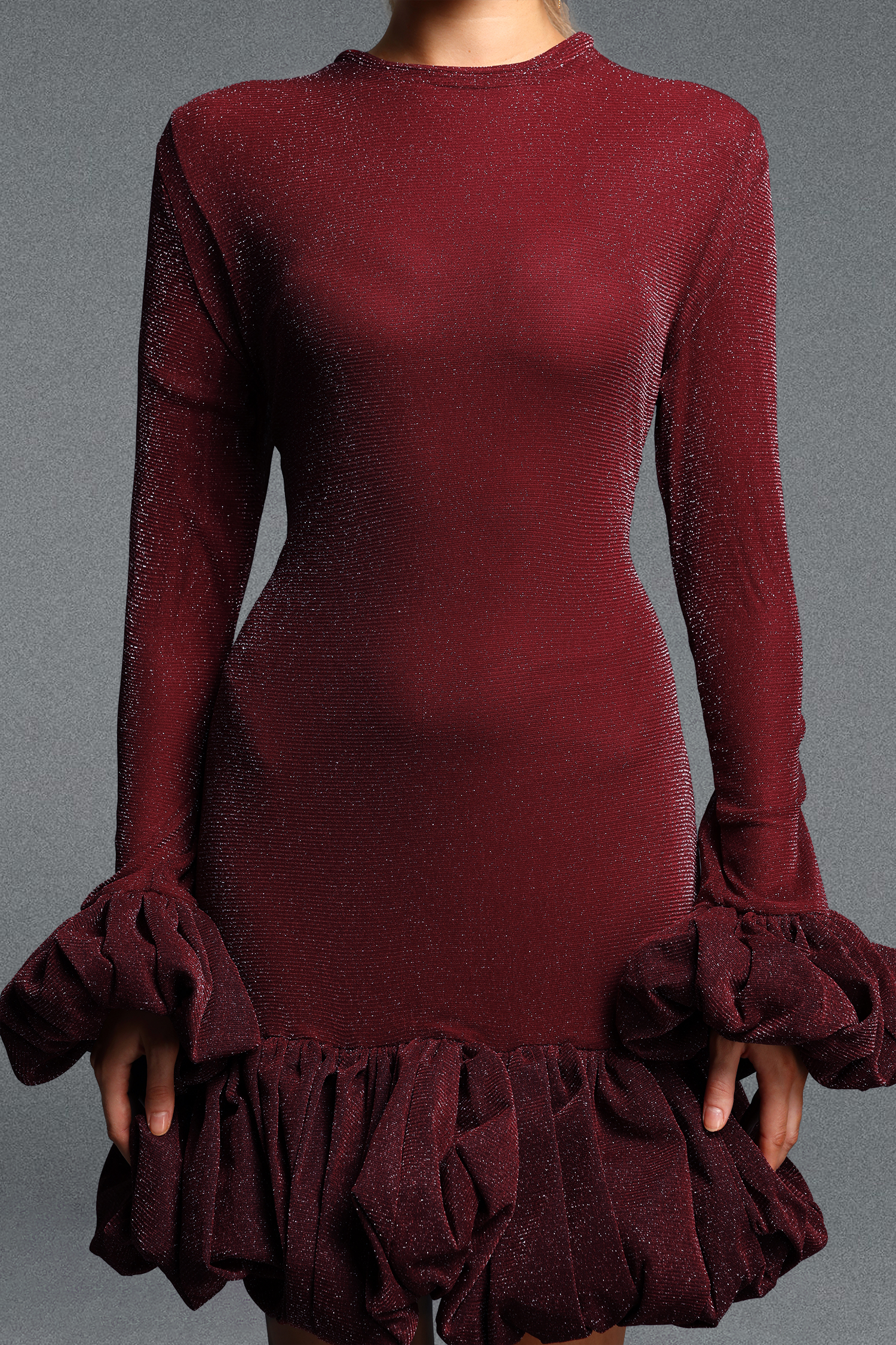 Trosy Stylish Cinched Waist Long Sleeve Ruched Shimmer Woven Mini Dress