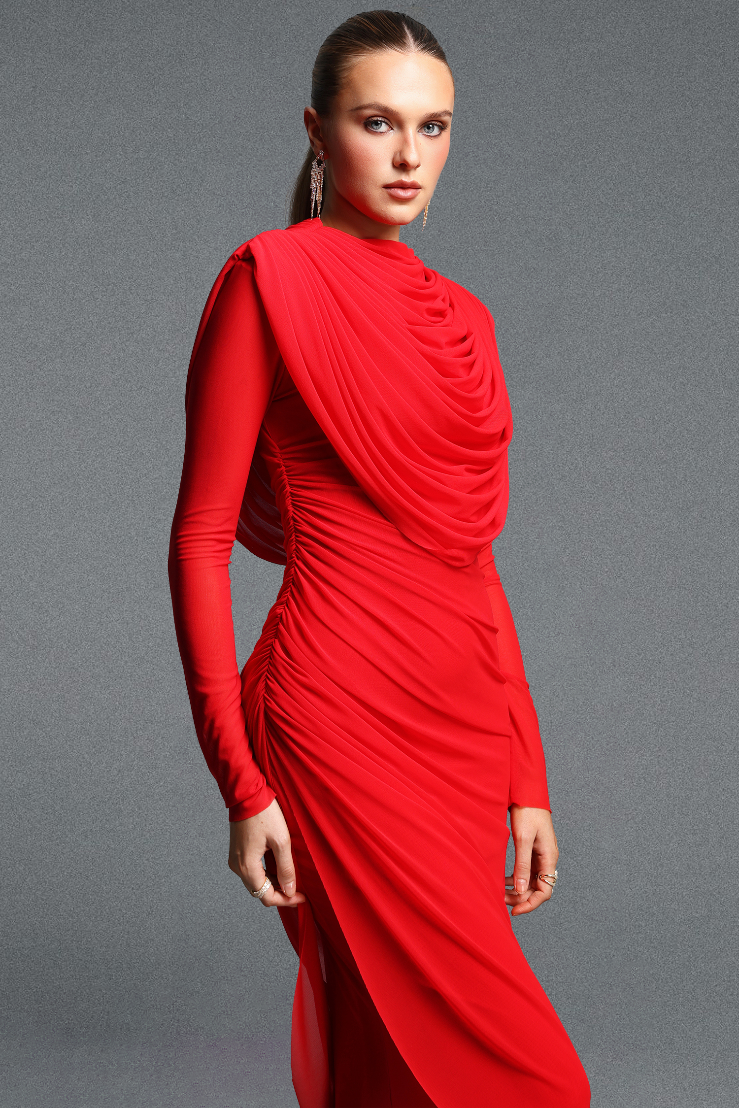 Kale Elegant Cinched Waist Long Sleeve Ruched Mermaid Woven Maxi Dress