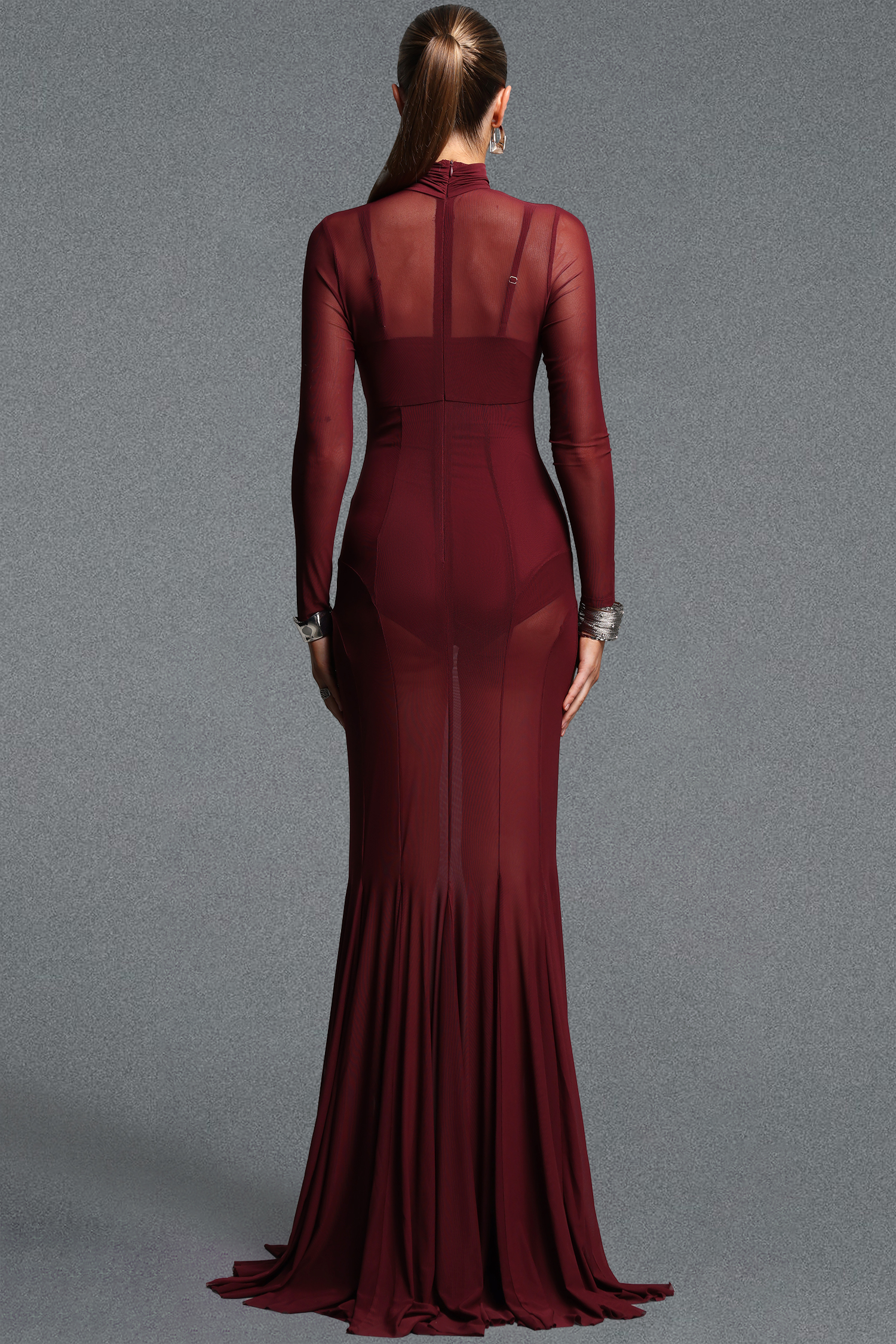Larry Stylish Cinched Waist Long Sleeve Mermaid Mesh Maxi Dress Two Piece Set