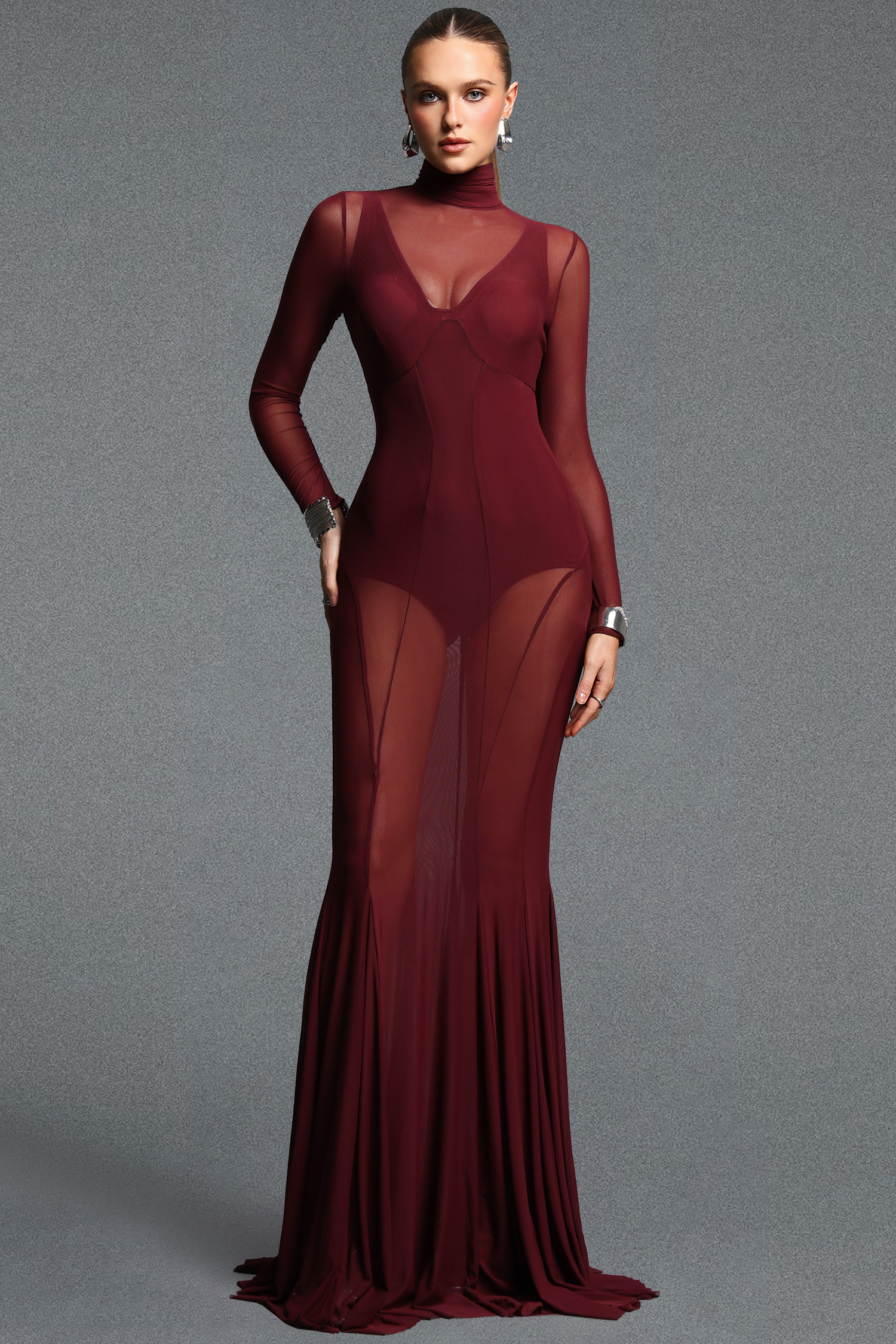 Larry Stylish Cinched Waist Long Sleeve Mermaid Mesh Maxi Dress Two Piece Set