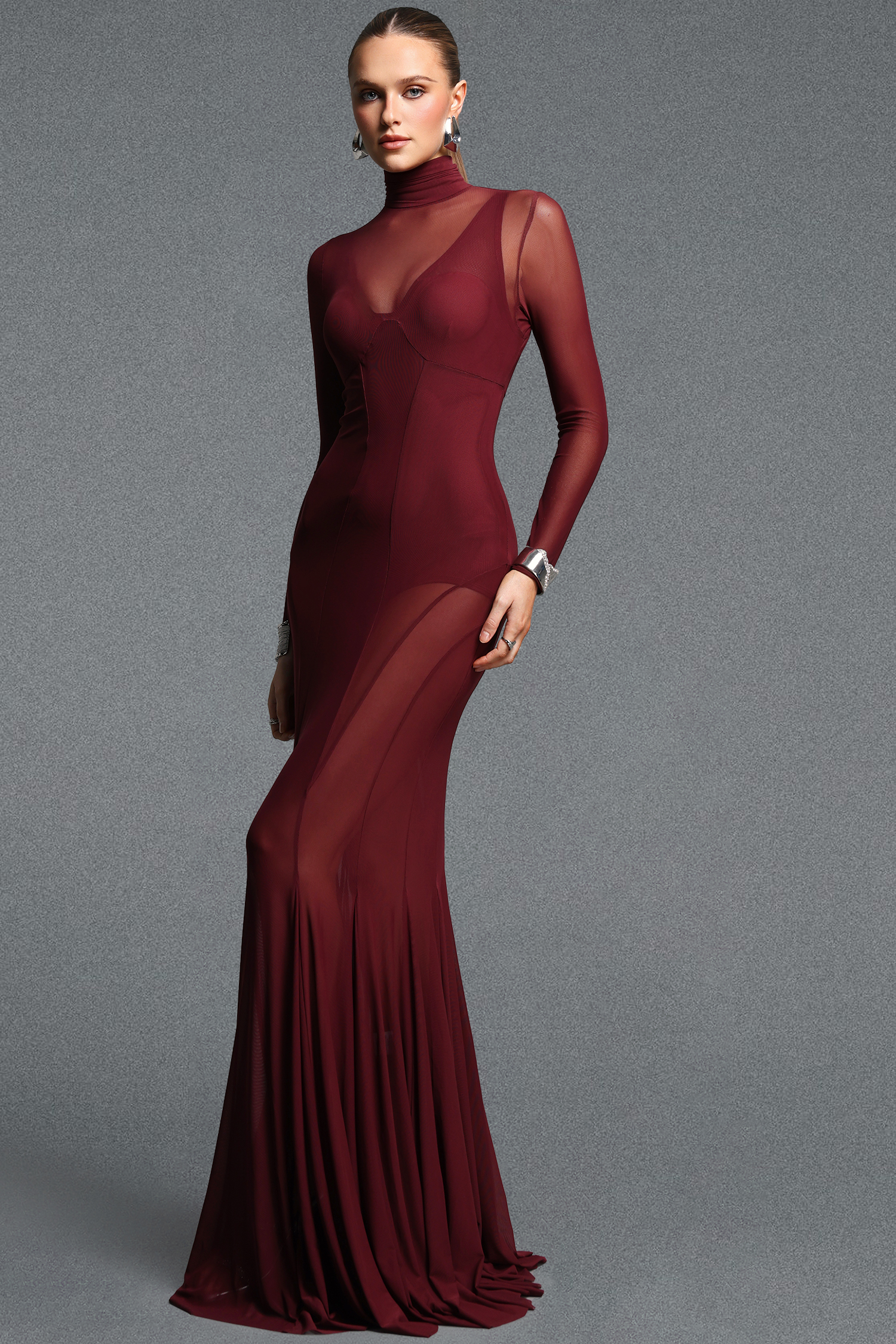 Larry Stylish Cinched Waist Long Sleeve Mermaid Mesh Maxi Dress Two Piece Set