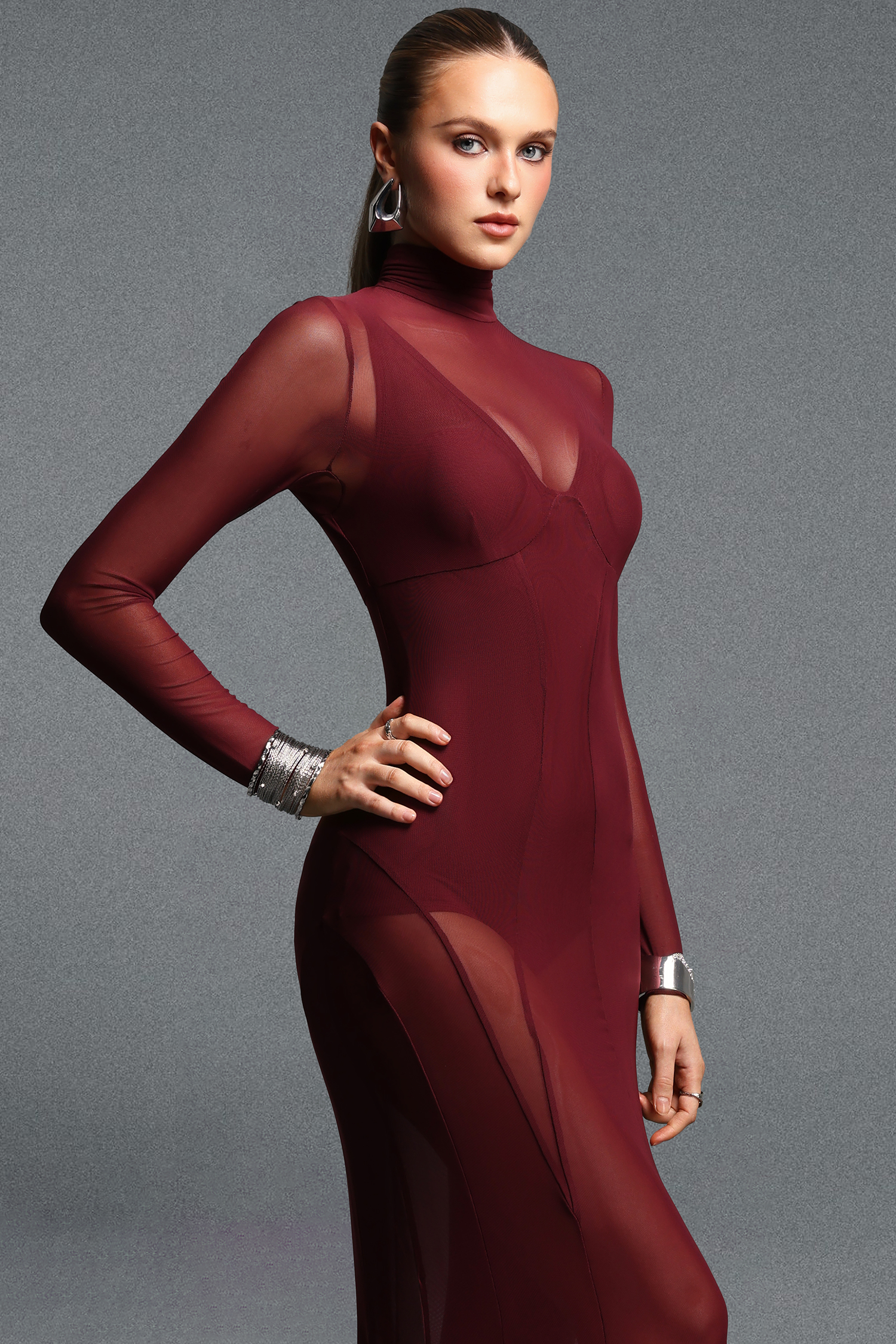 Larry Stylish Cinched Waist Long Sleeve Mermaid Mesh Maxi Dress Two Piece Set