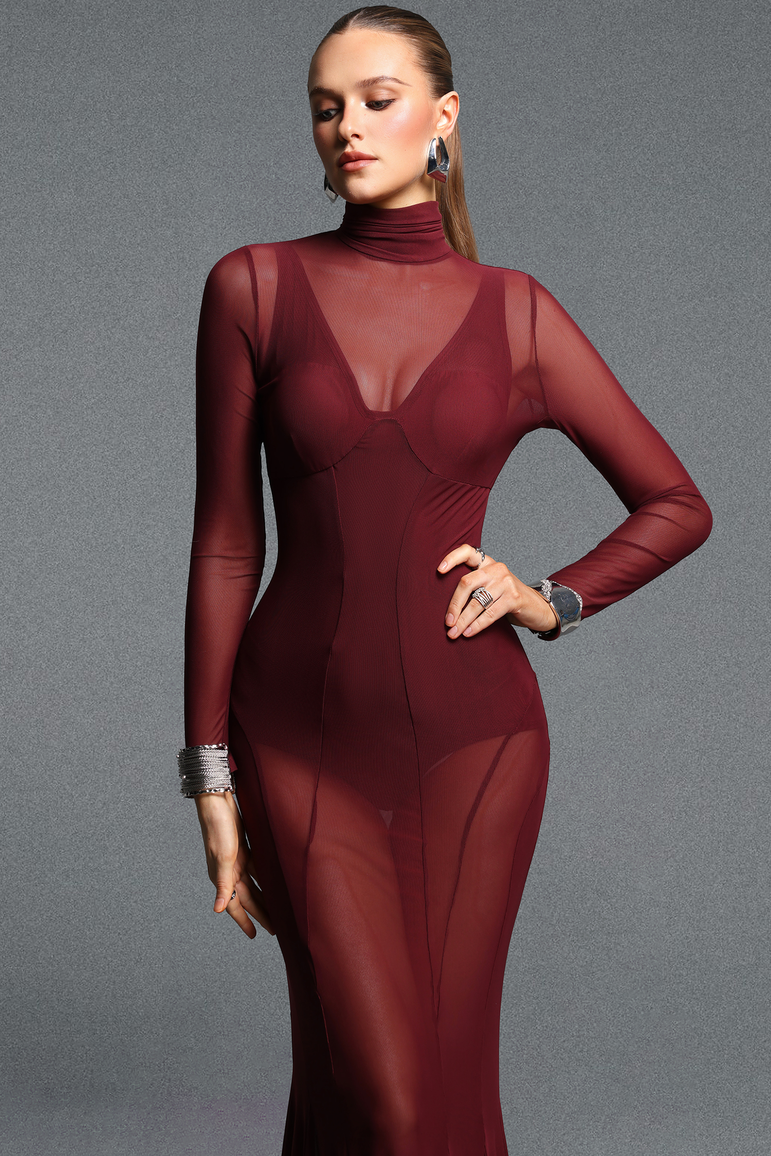 Larry Stylish Cinched Waist Long Sleeve Mermaid Mesh Maxi Dress Two Piece Set