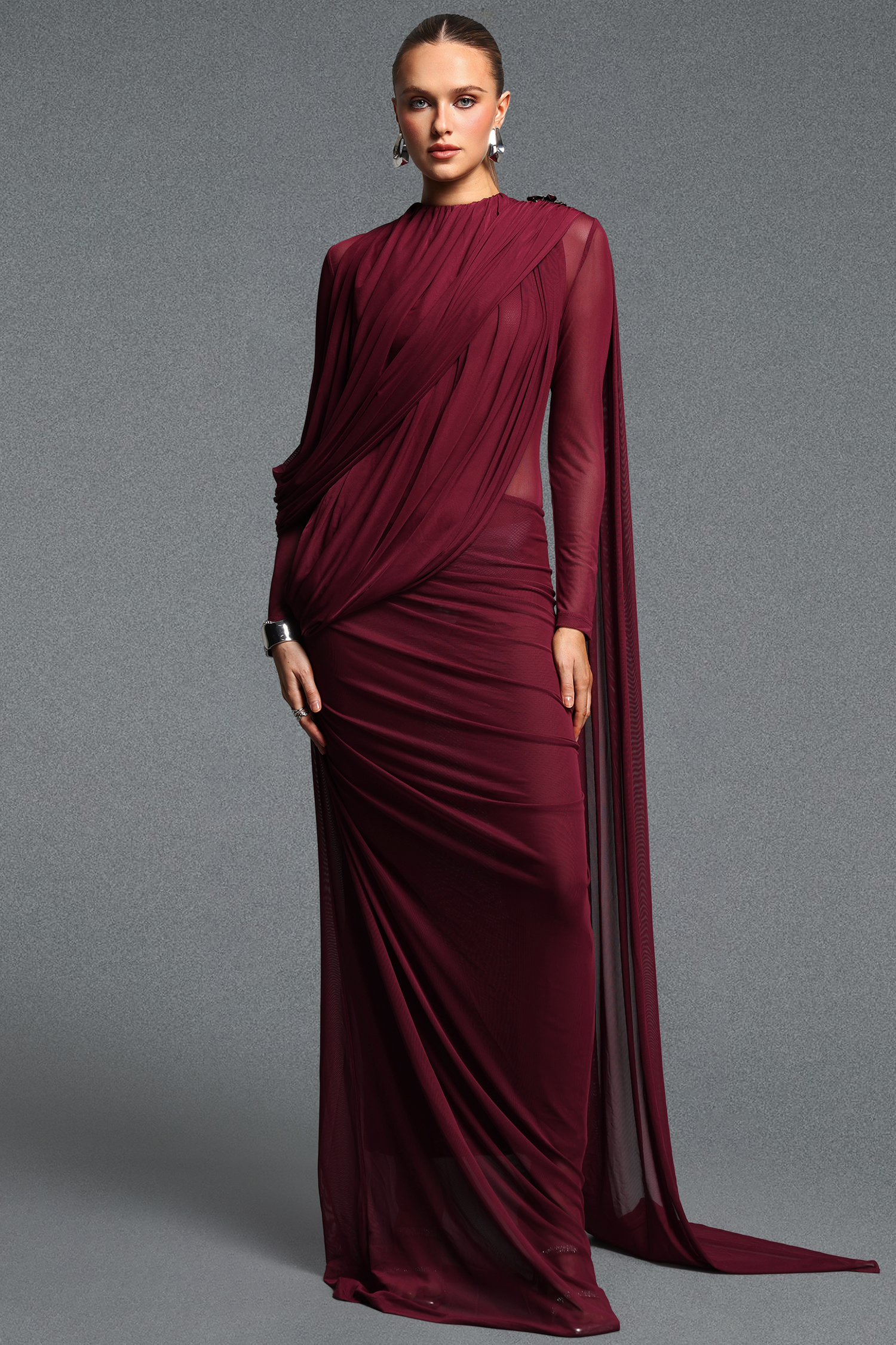 Erele Elegant Cinched Waist Ruched Metal Decor Woven Maxi Dress