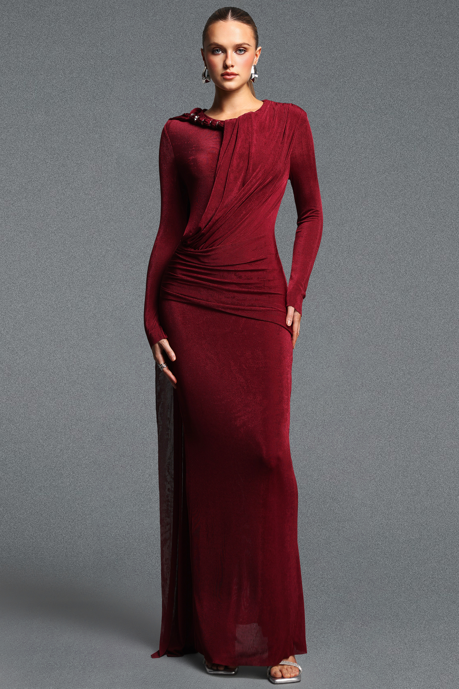 Ninon Elegant Cinched Waist Long Sleeve Ruched Sash Metal Decor Knit Maxi Dress