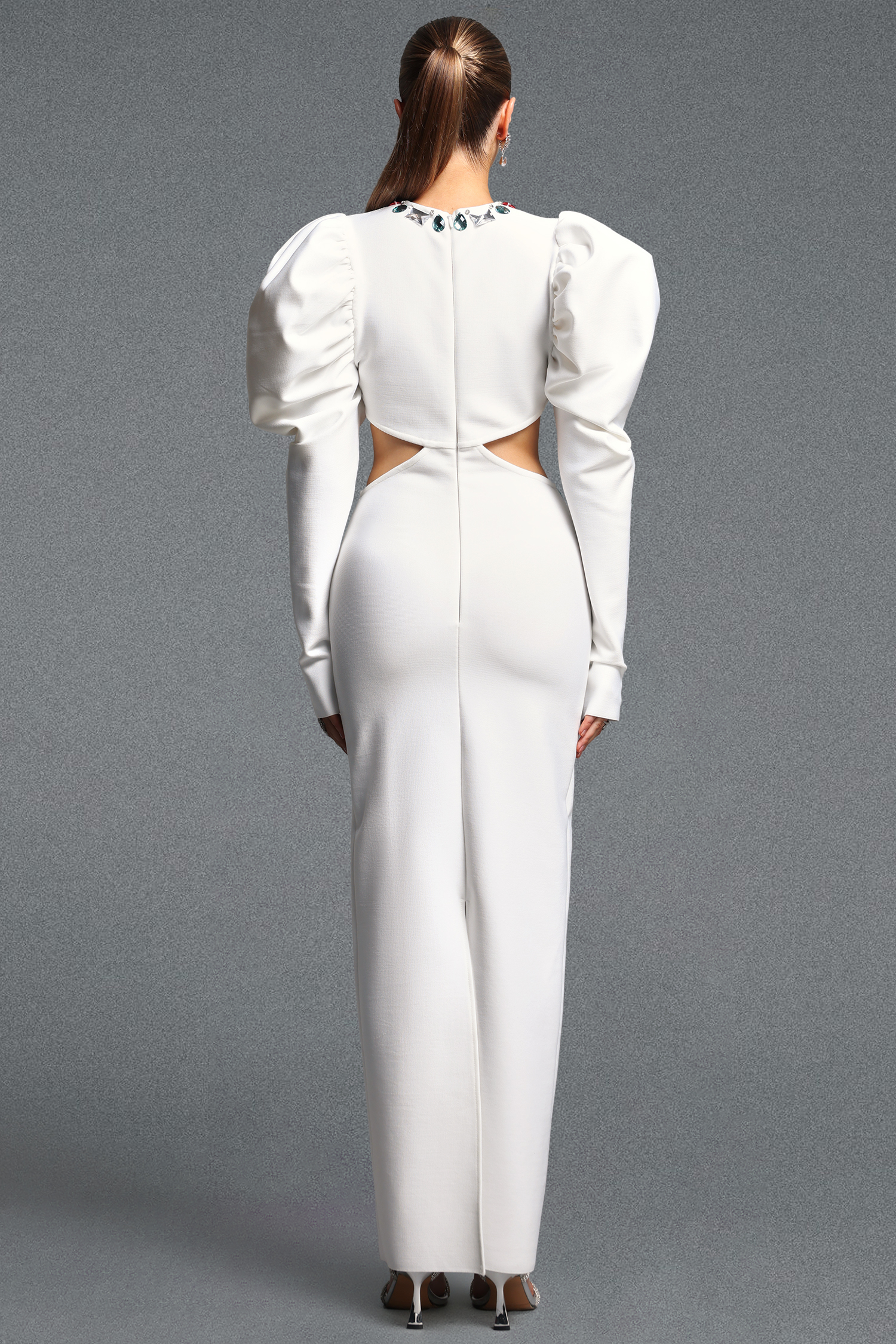 Kaona Elegant Sophisticated Cinched Waist Long Sleeve Cut Out Rhinestone Bandage Maxi Dress
