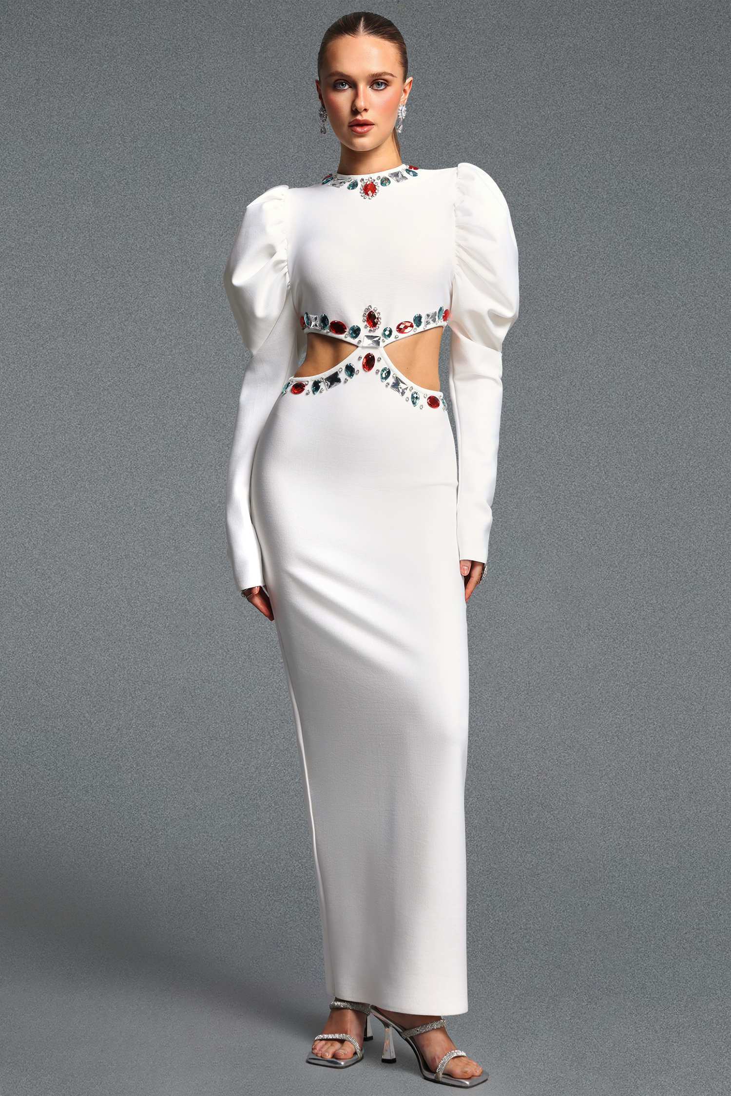 Kaona Elegant Sophisticated Cinched Waist Long Sleeve Cut Out Rhinestone Bandage Maxi Dress