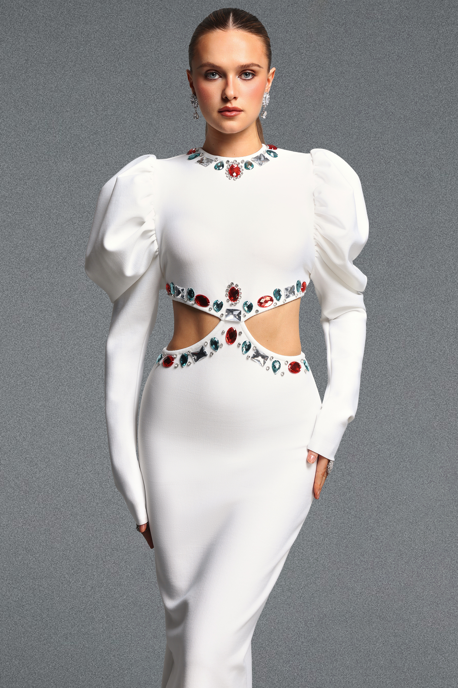 Kaona Elegant Sophisticated Cinched Waist Long Sleeve Cut Out Rhinestone Bandage Maxi Dress
