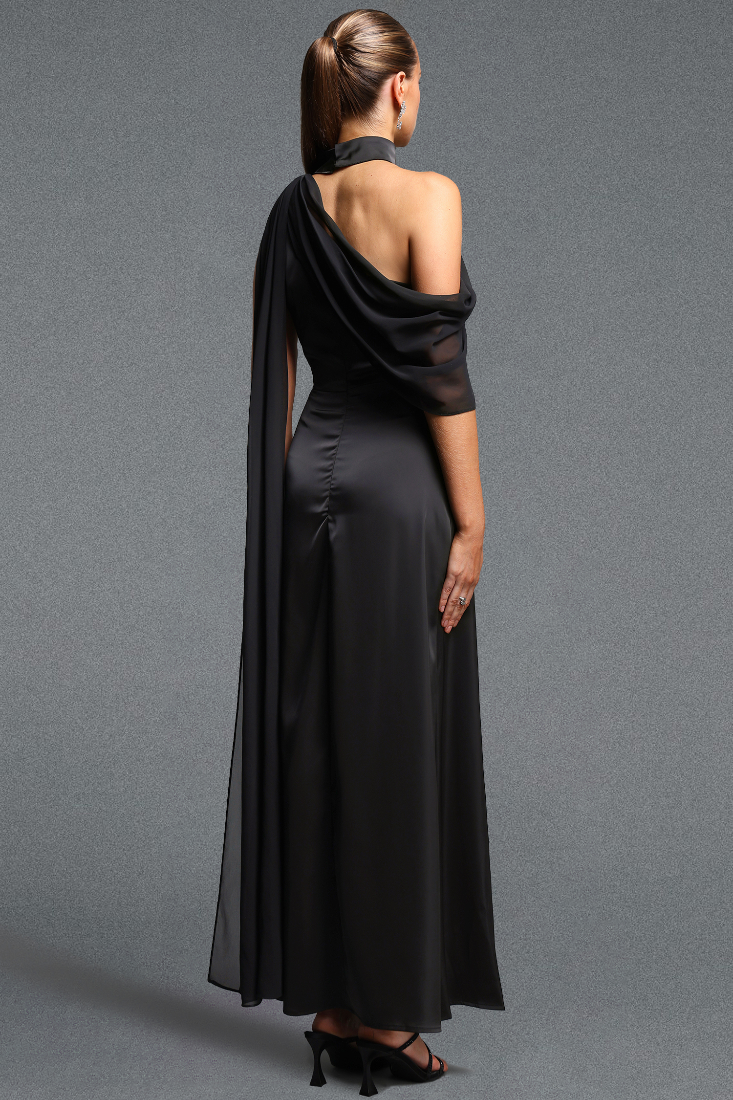 Kailani Chic Flowy High Neck One Shoulder Pleated High Slit Satin Black Maxi Dress