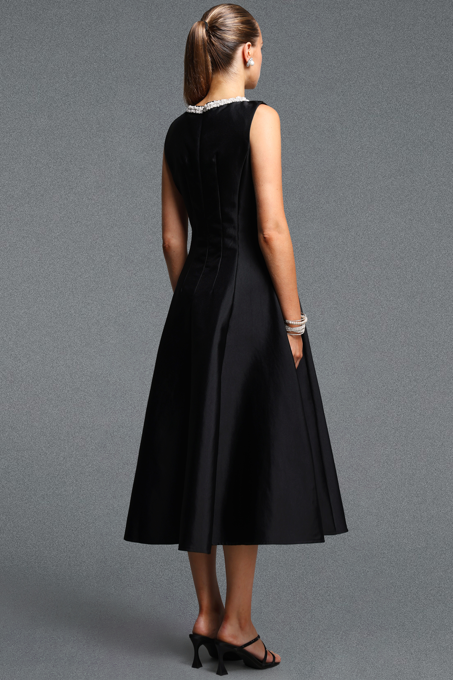 Velma Minimalist Cinched Waist Sleeveless Pearl Rhinestone A Line Black Maxi Dress