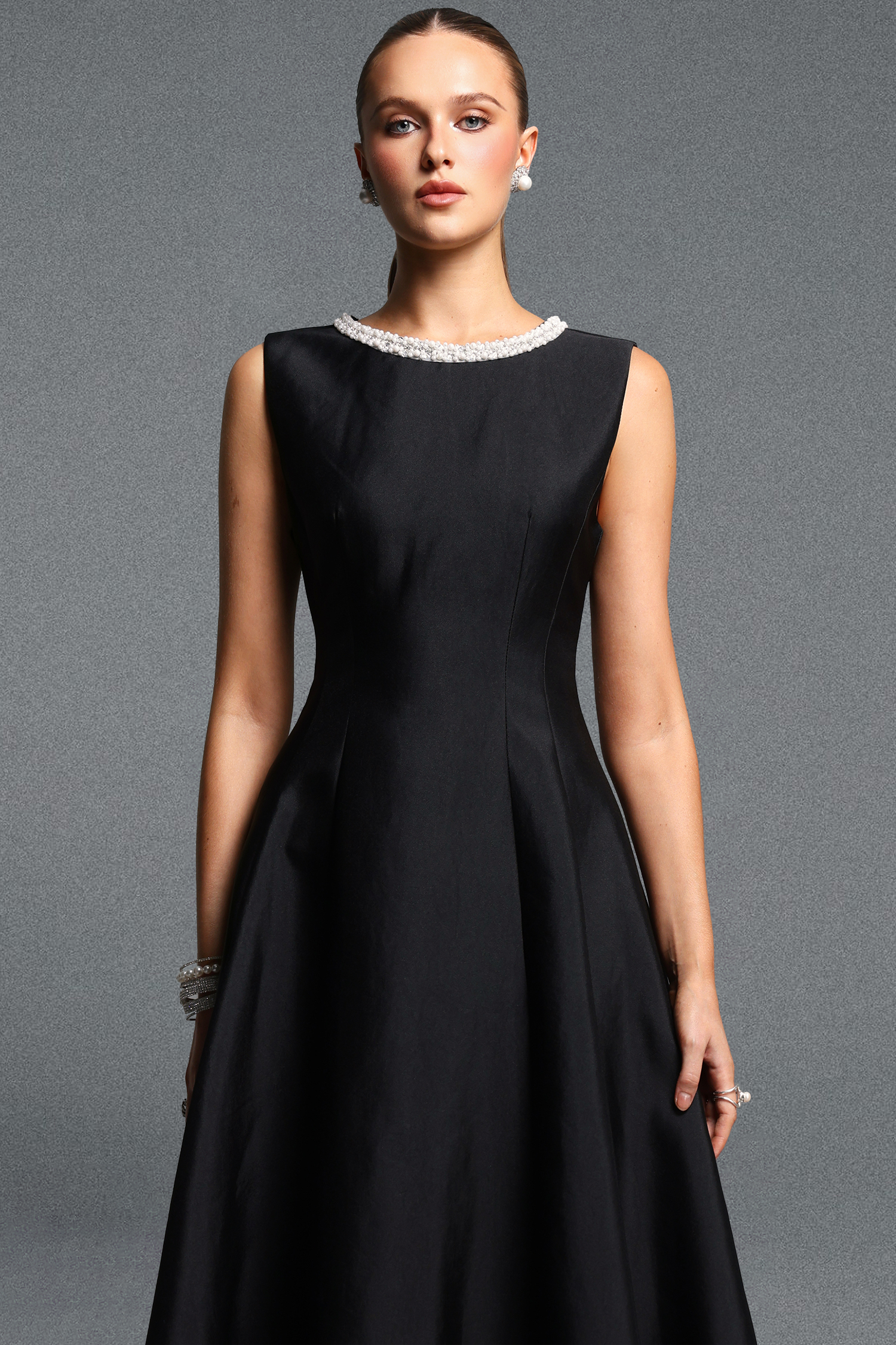 Velma Minimalist Cinched Waist Sleeveless Pearl Rhinestone A Line Black Maxi Dress