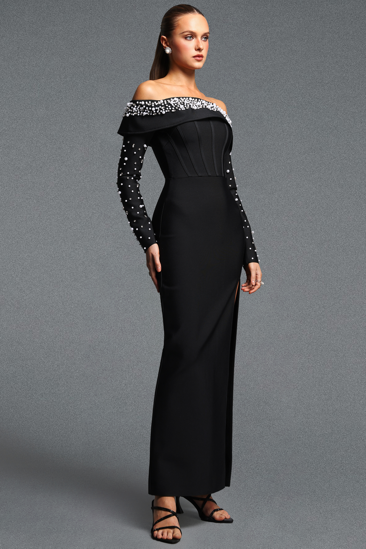 Yuri Elegant Cinched Waist Off Shoulder Long Sleeve Pearl Slit Bandage Maxi Dress