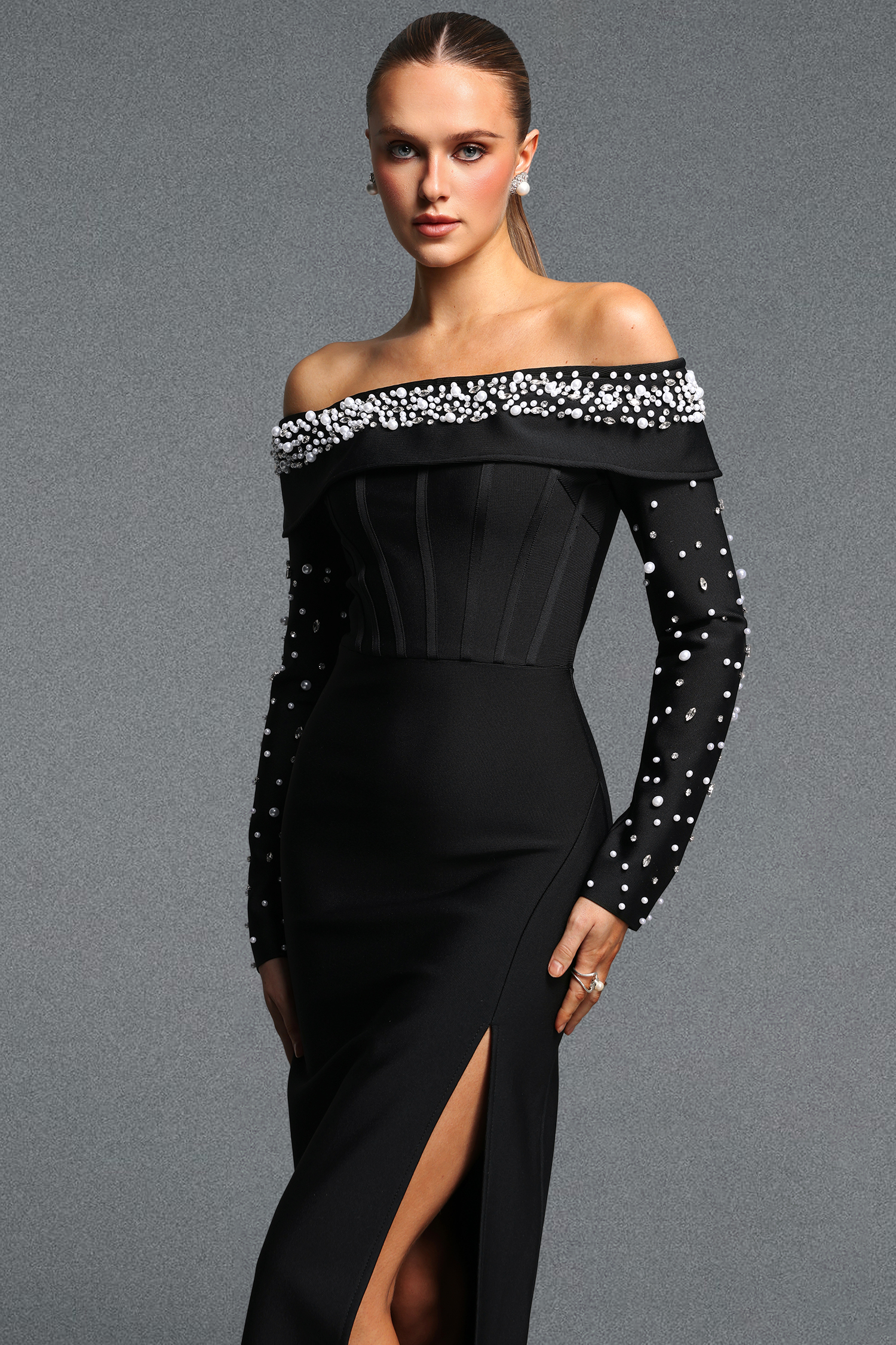 Yuri Elegant Cinched Waist Off Shoulder Long Sleeve Pearl Slit Bandage Maxi Dress