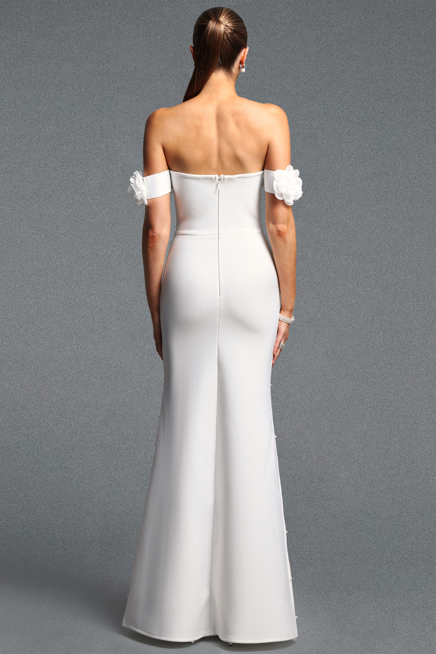 Loru Elegant Cinched Waist Off Shoulder Floral Pearl Slit Bandage Maxi Dress