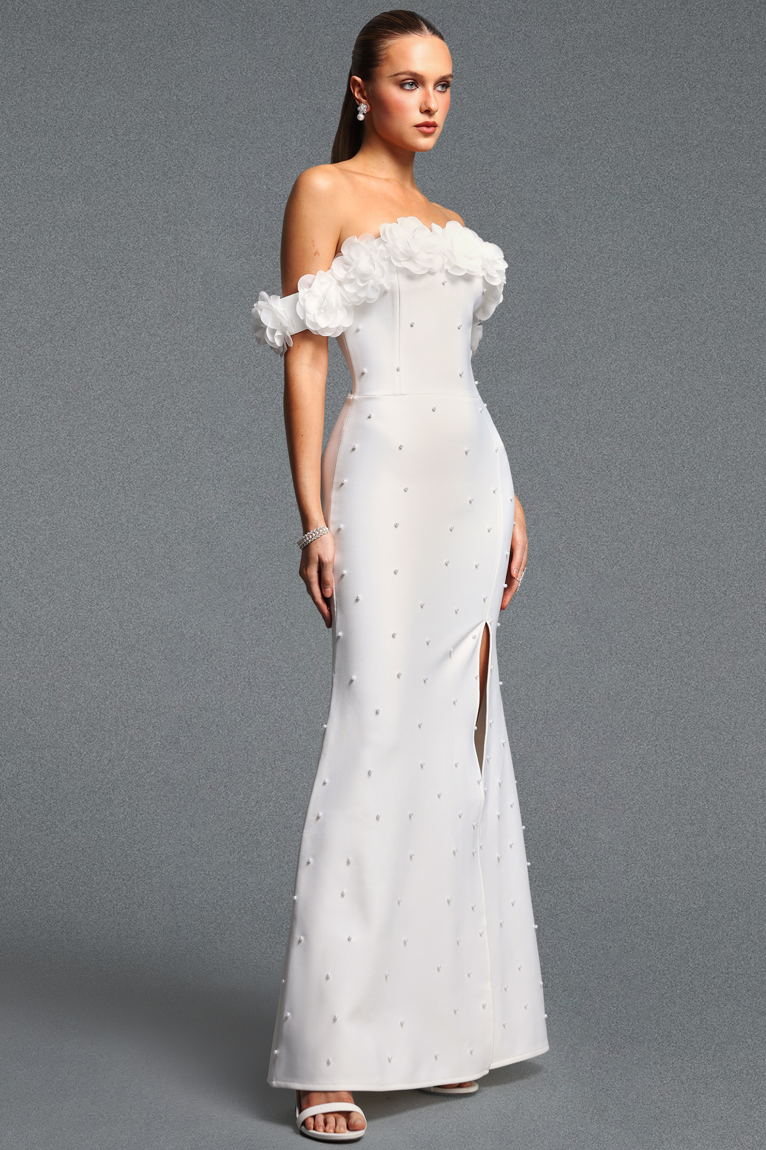 Loru Elegant Cinched Waist Off Shoulder Floral Pearl Slit Bandage Maxi Dress