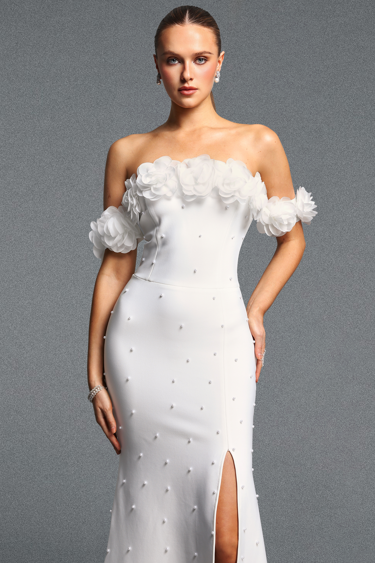 Loru Elegant Cinched Waist Off Shoulder Floral Pearl Slit Bandage Maxi Dress