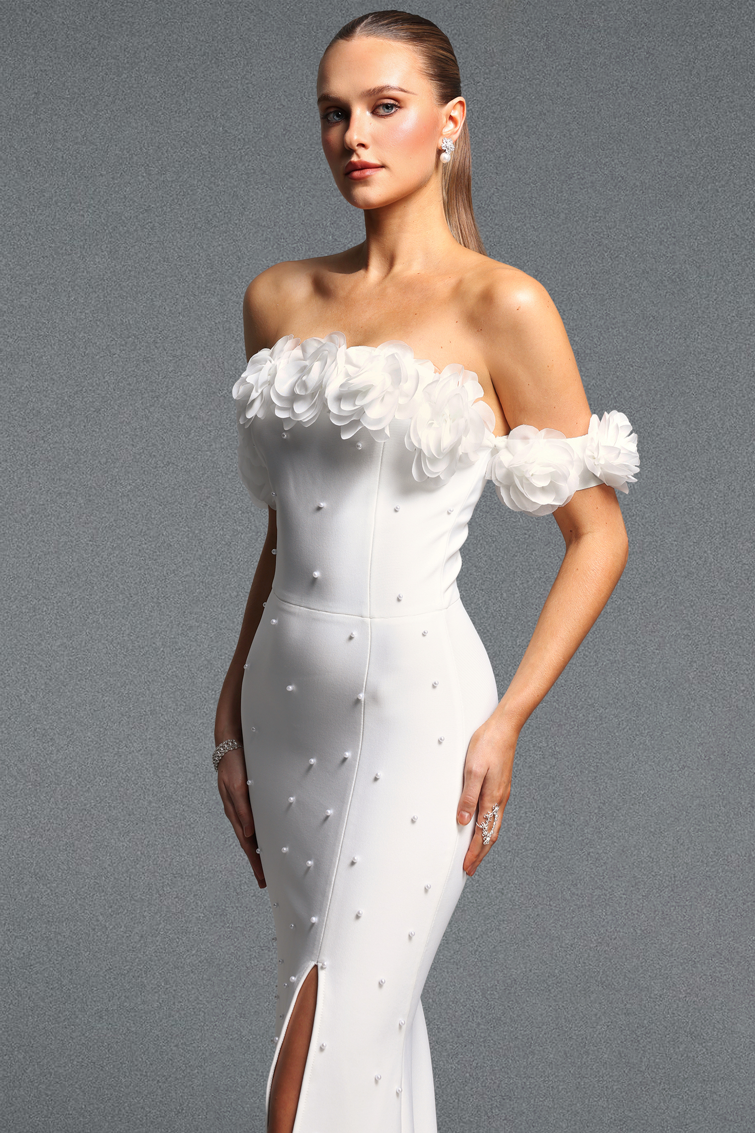 Loru Elegant Cinched Waist Off Shoulder Floral Pearl Slit Bandage Maxi Dress