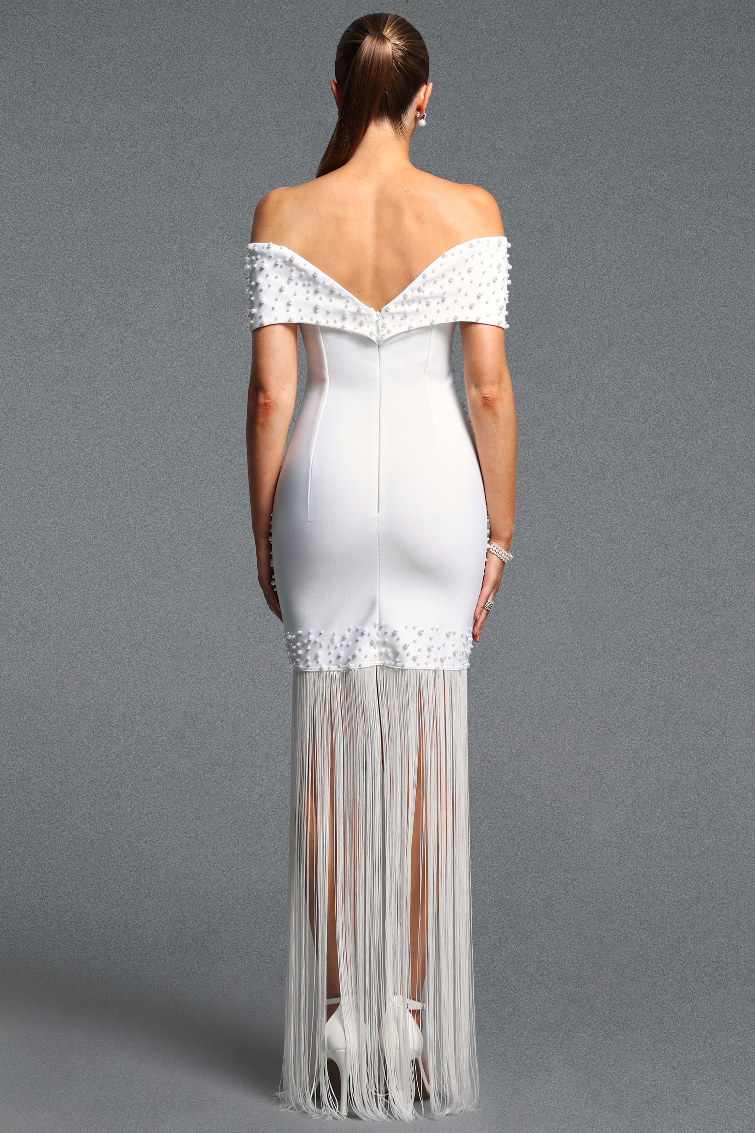 Sliye Elegant Cinched Waist Off Shoulder V Neck Pearl Tassel Bandage Maxi Dress