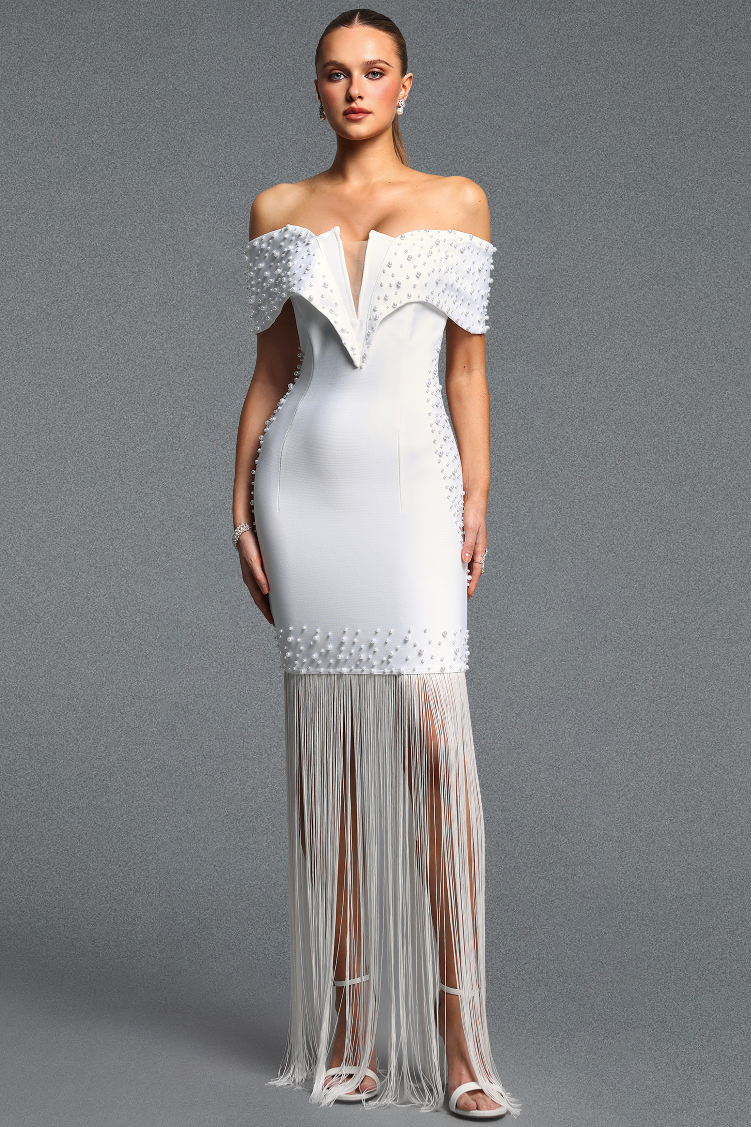 Sliye Elegant Cinched Waist Off Shoulder V Neck Pearl Tassel Bandage Maxi Dress