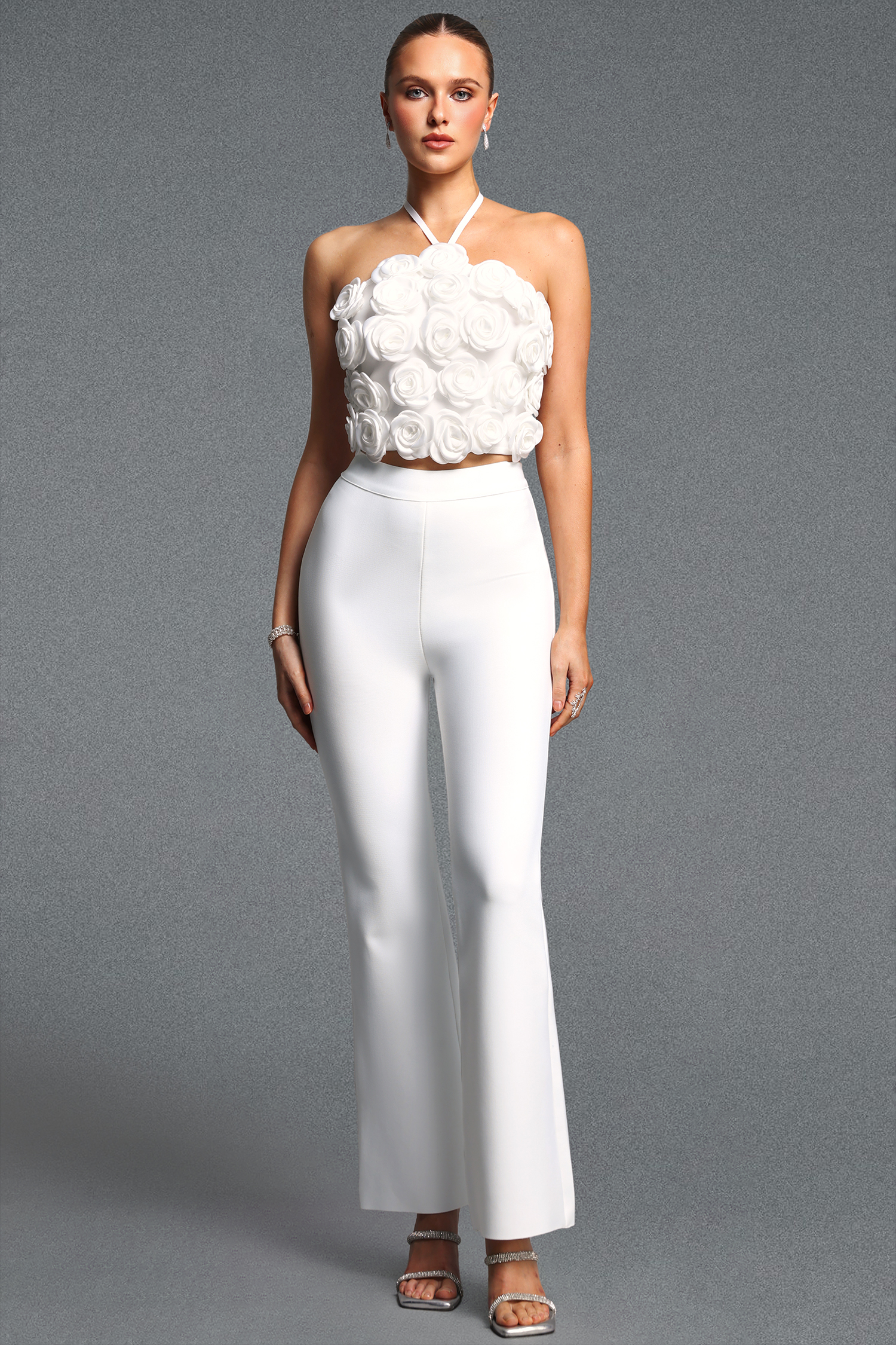 Ferean Stylish Halter Floral Mini Top And Slim Bandage Pants White Two Piece Set