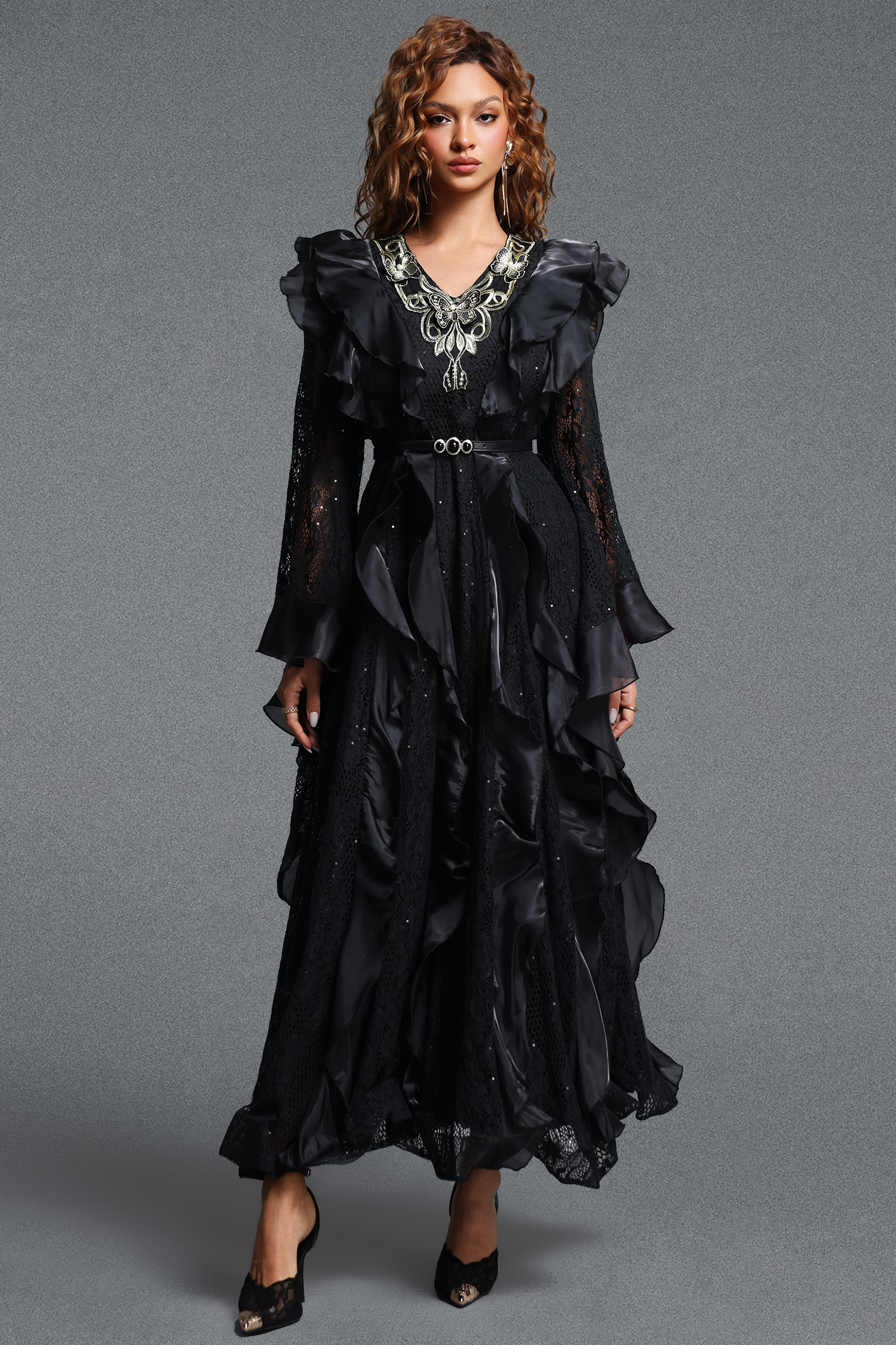 Hilda Vintage Flowy V-Neck Embroidered Ruffle Lace Maxi Dress