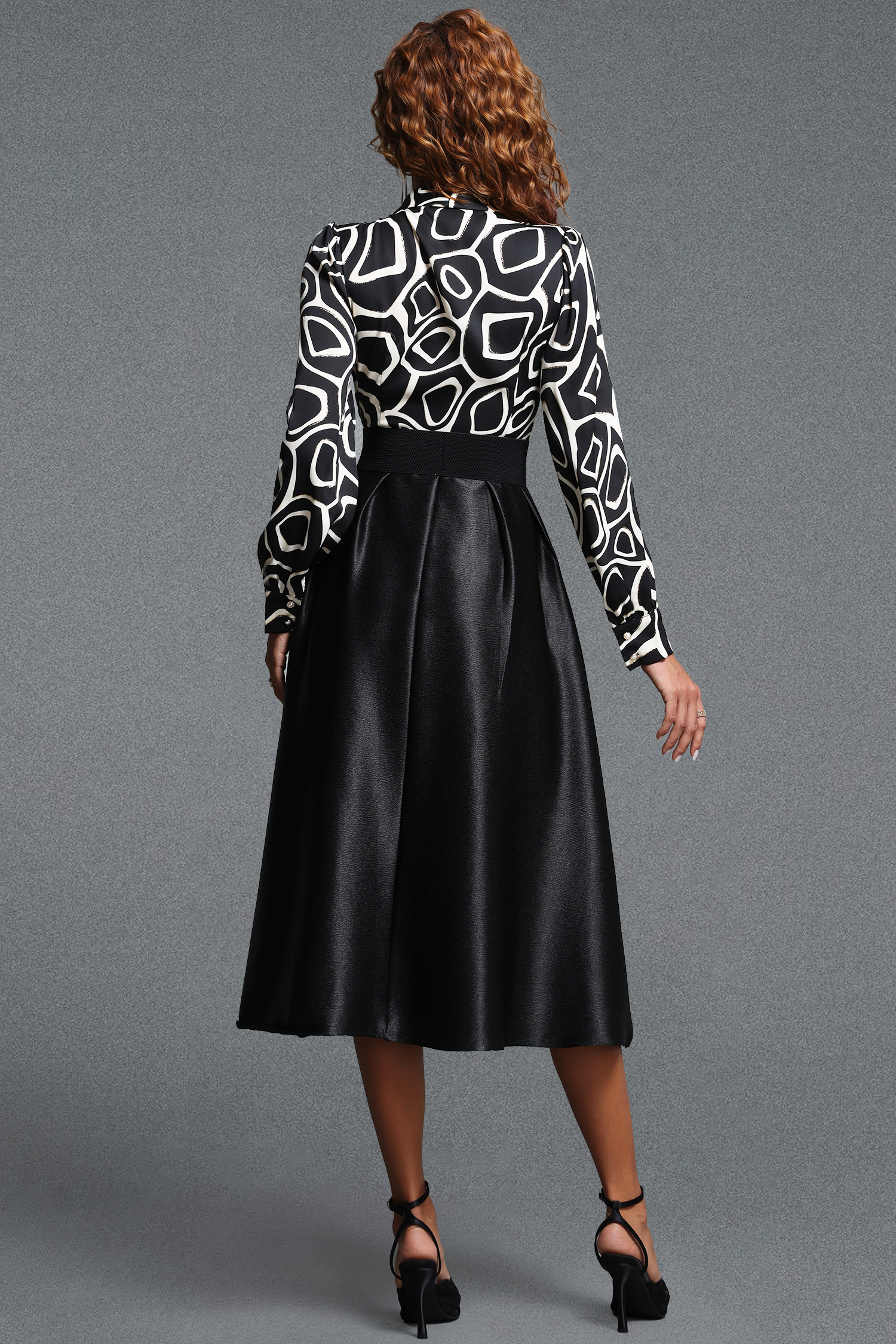 Xynia Vintage Tailored V Neck Long Sleeve Geometric Printed Spliced Satin Midi Dress
