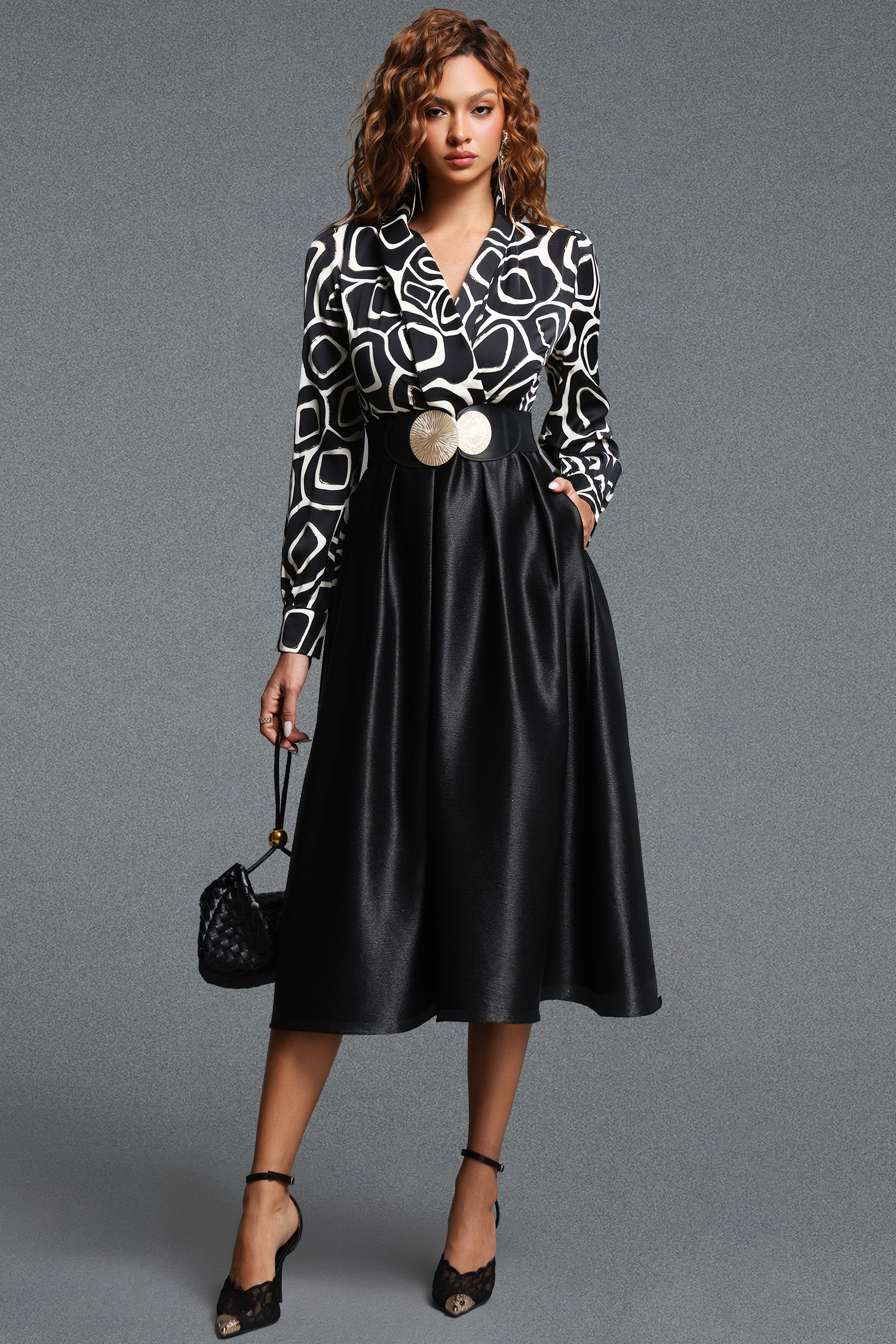 Xynia Vintage Tailored V Neck Long Sleeve Geometric Printed Spliced Satin Midi Dress