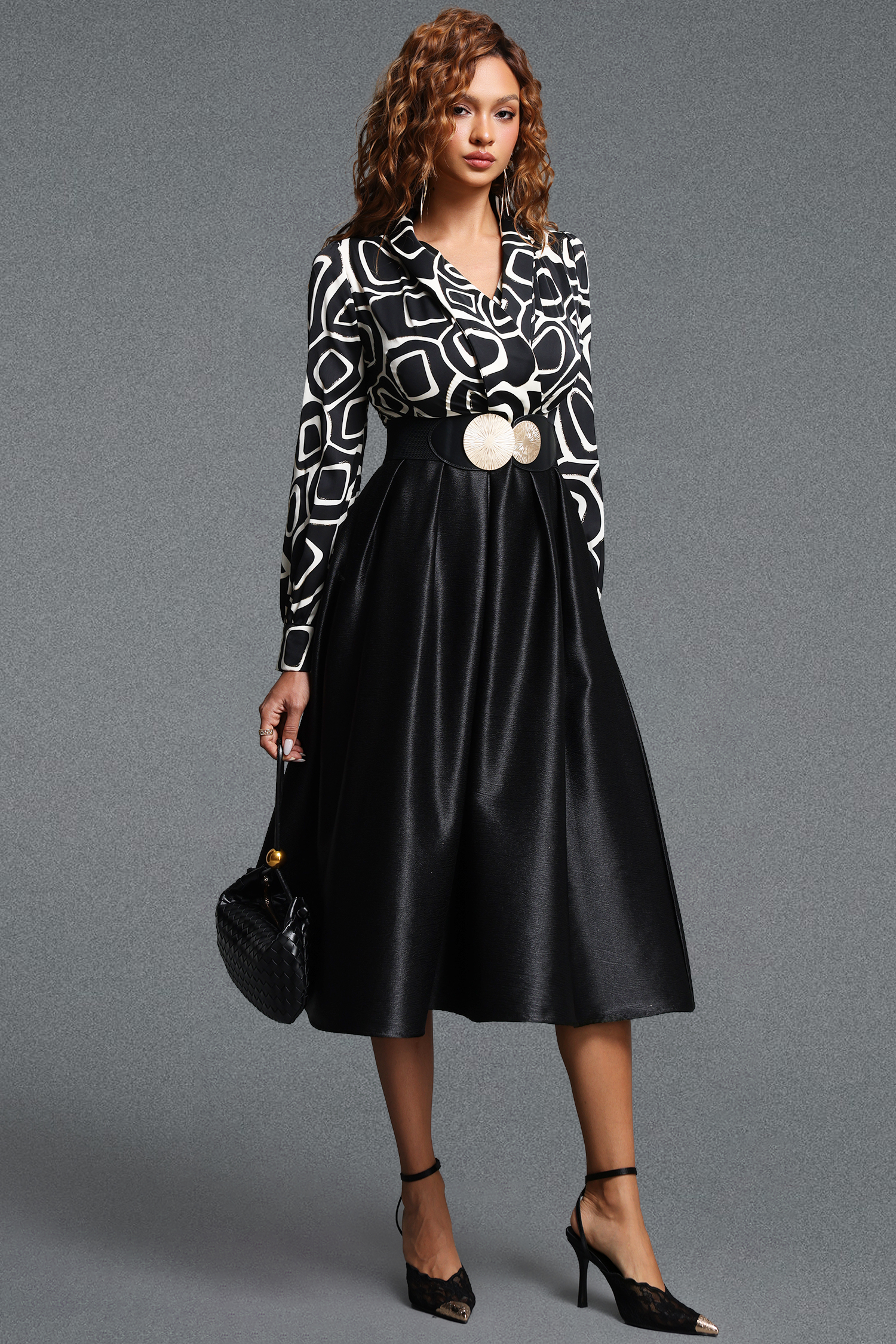 Xynia Vintage Tailored V Neck Long Sleeve Geometric Printed Spliced Satin Midi Dress