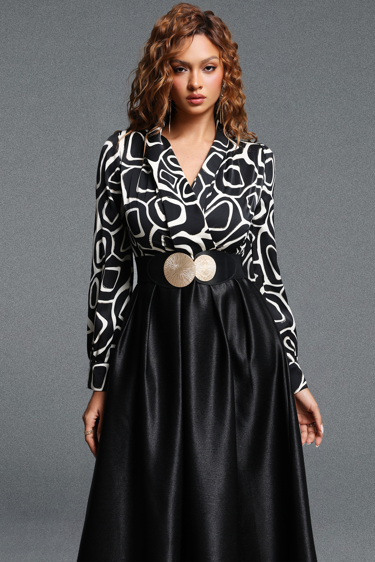 Xynia Vintage Tailored V Neck Long Sleeve Geometric Printed Spliced Satin Midi Dress