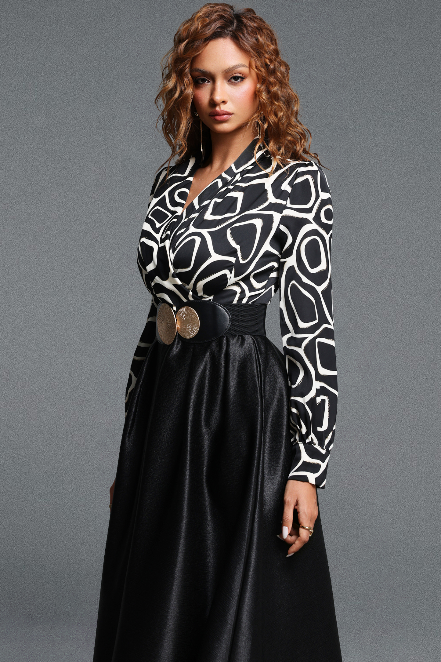 Xynia Vintage Tailored V Neck Long Sleeve Geometric Printed Spliced Satin Midi Dress