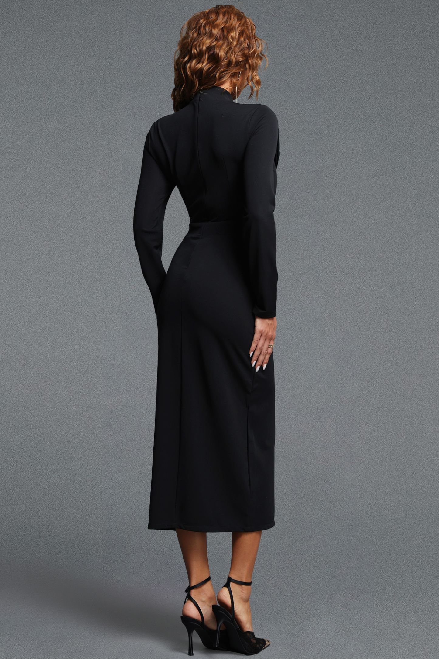 Ekala Elegant Tailored Bow Mock Neck Gold Button Woven Maxi Dress