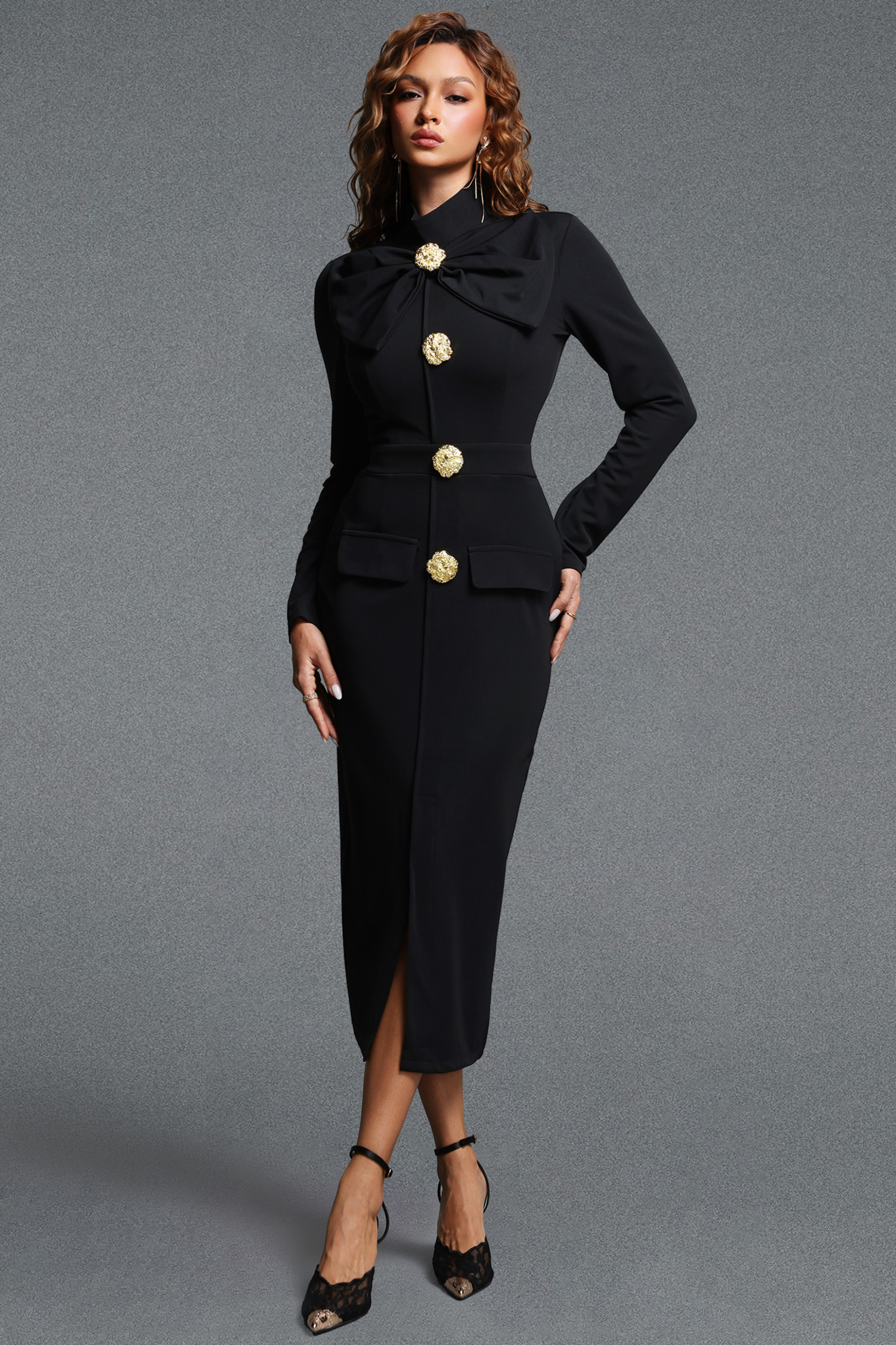 Ekala Elegant Tailored Bow Mock Neck Gold Button Woven Maxi Dress
