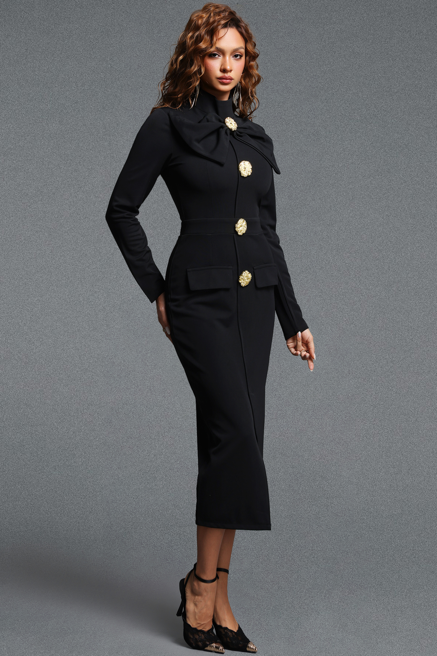 Ekala Elegant Tailored Bow Mock Neck Gold Button Woven Maxi Dress