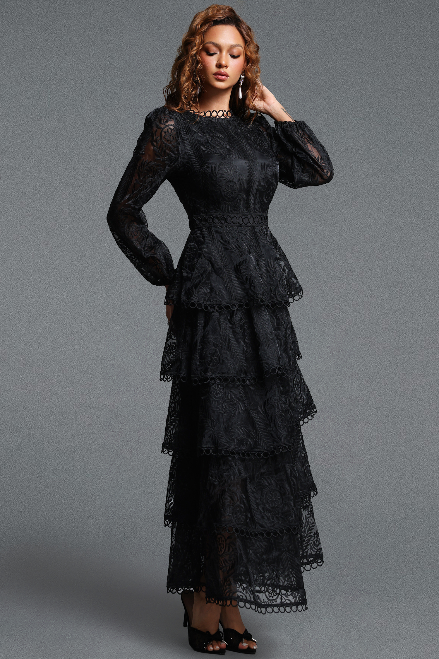 Katya Romantic Flowy Round Neck Long Sleeve Tiered Lace Black Maxi Dress