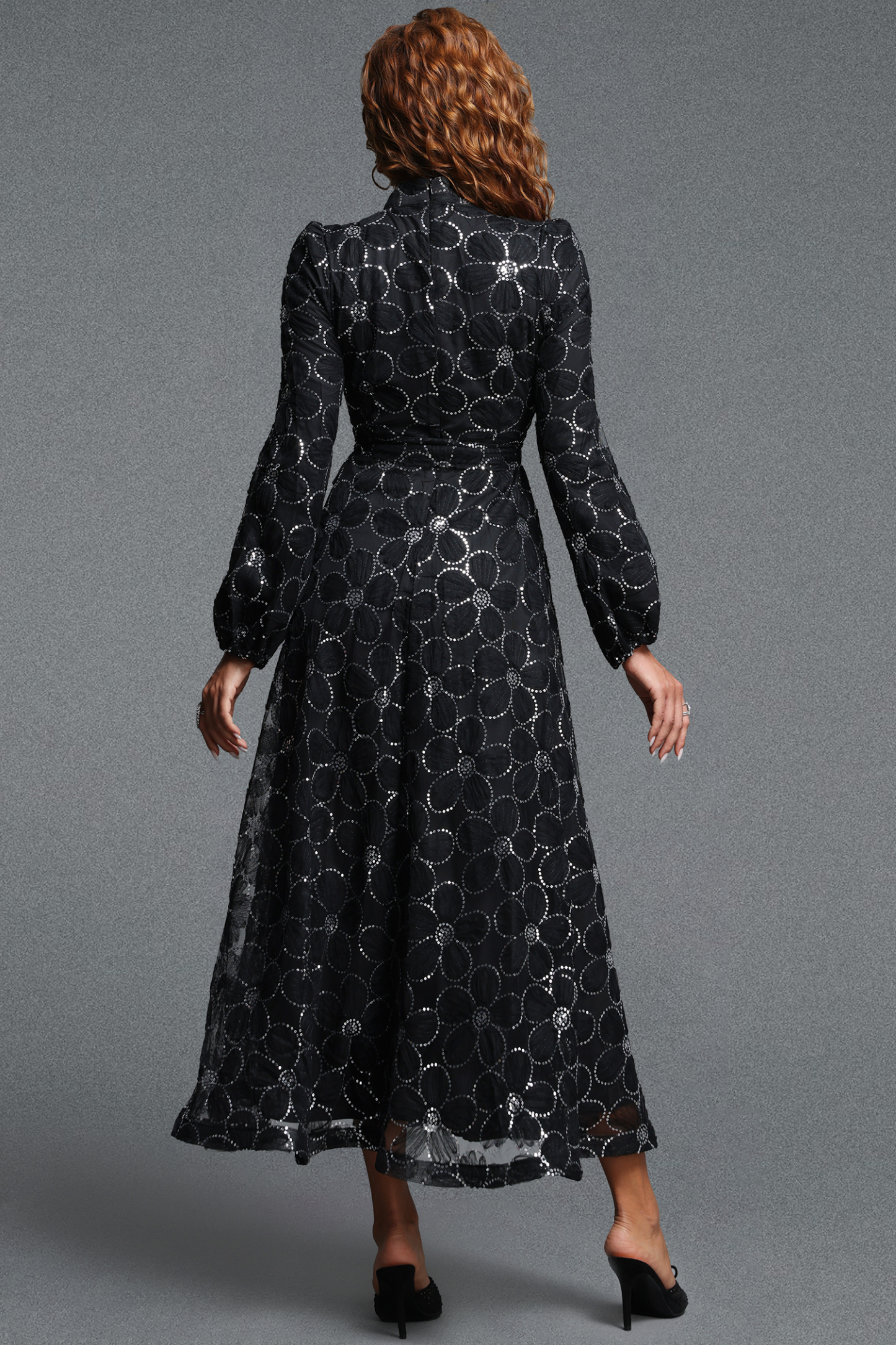 Nona Elegant Flowy Long Sleeve Floral Sequin Woven Maxi Dress