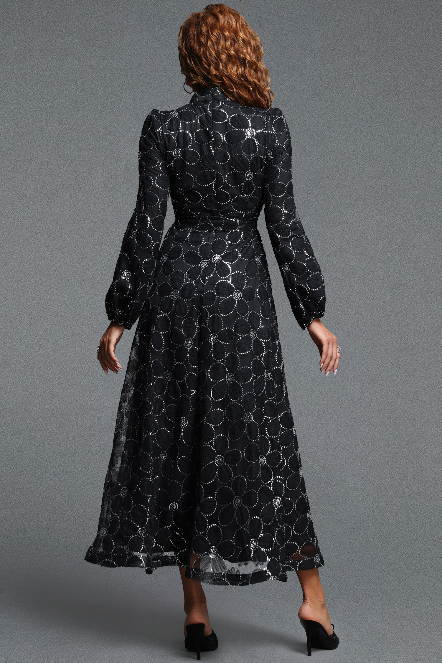Nona Elegant Flowy Long Sleeve Floral Sequin Woven Maxi Dress