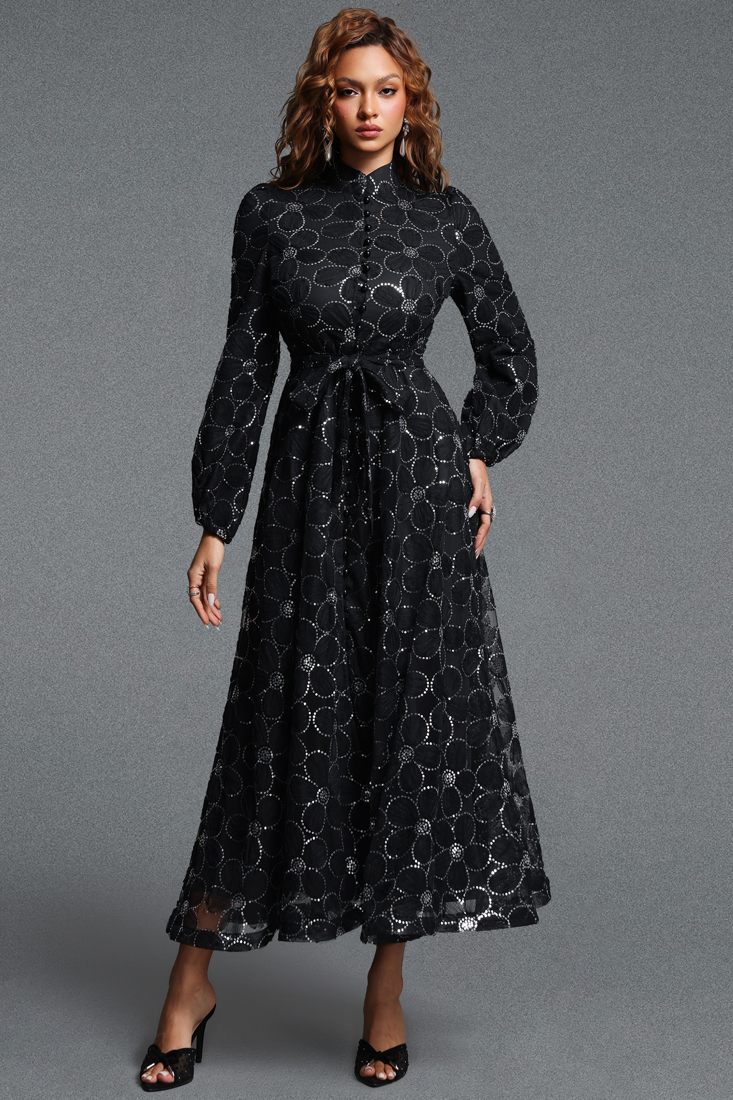 Nona Elegant Flowy Long Sleeve Floral Sequin Woven Maxi Dress