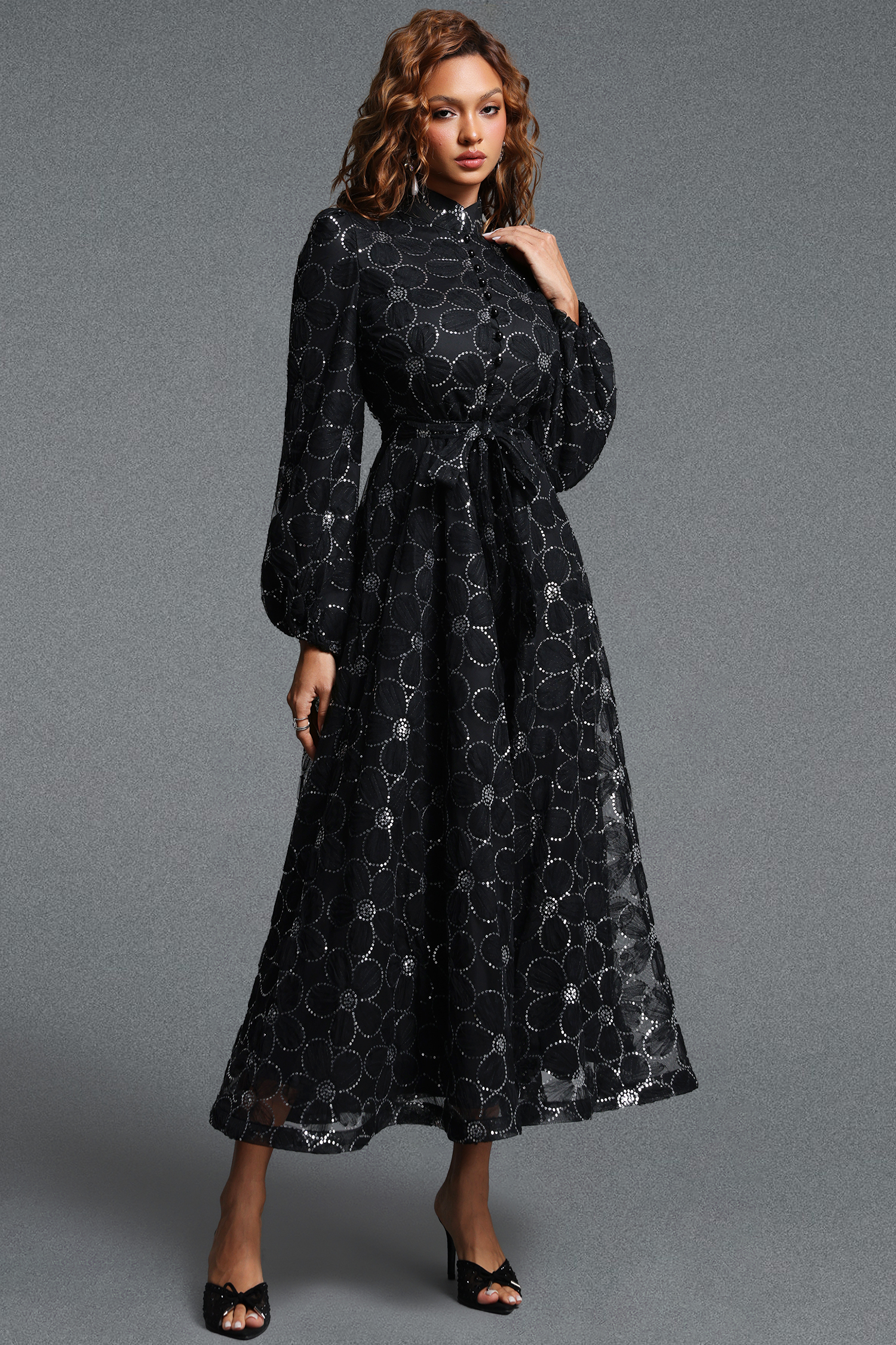 Nona Elegant Flowy Long Sleeve Floral Sequin Woven Maxi Dress