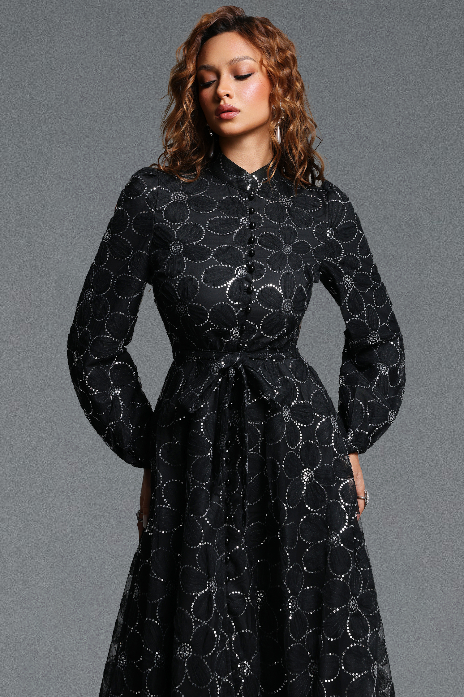 Nona Elegant Flowy Long Sleeve Floral Sequin Woven Maxi Dress