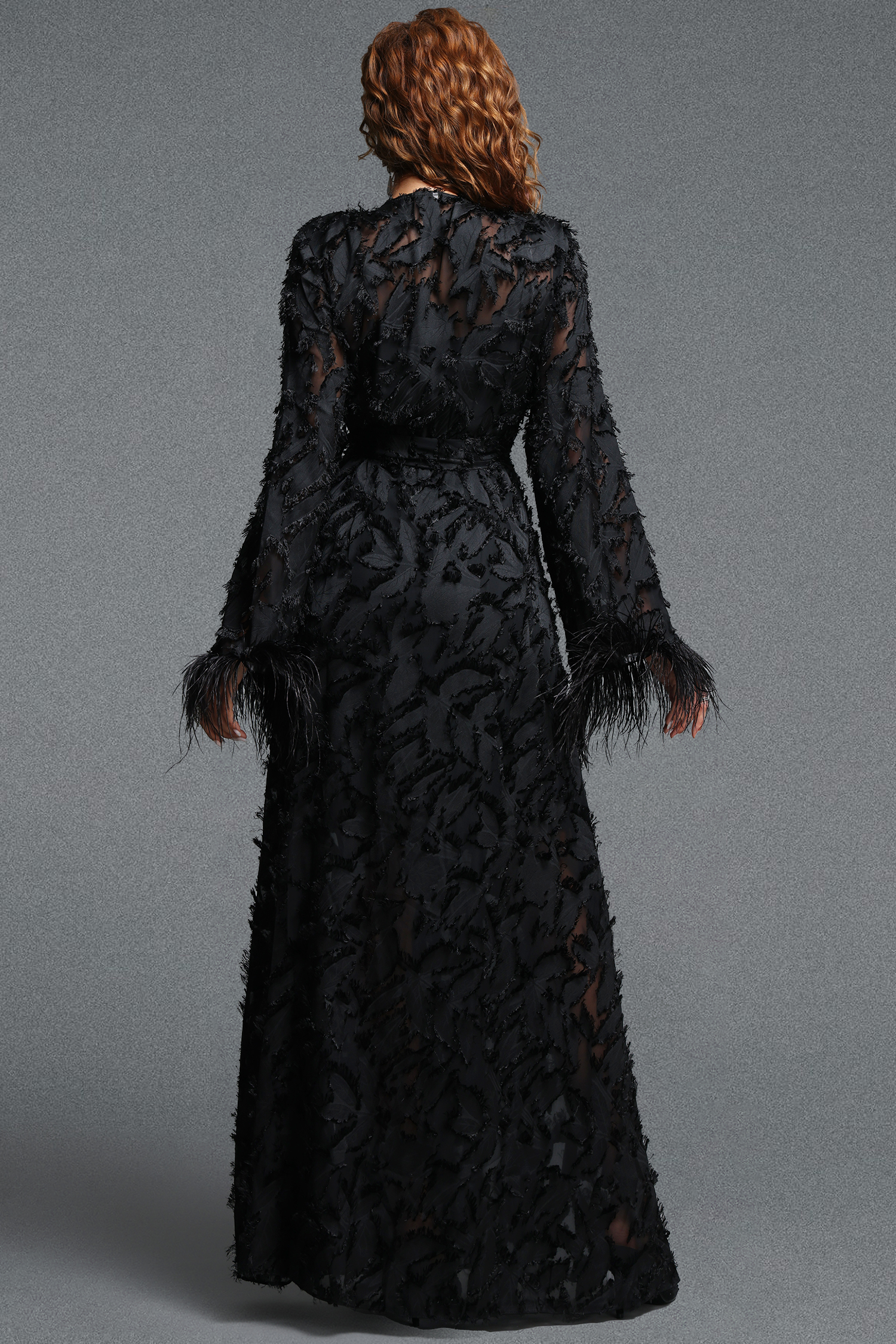 Kijin Vintage Flowy V Neck Long Sleeve Faux Feather‑Trimmed Side Floral Woven Black Maxi Dress