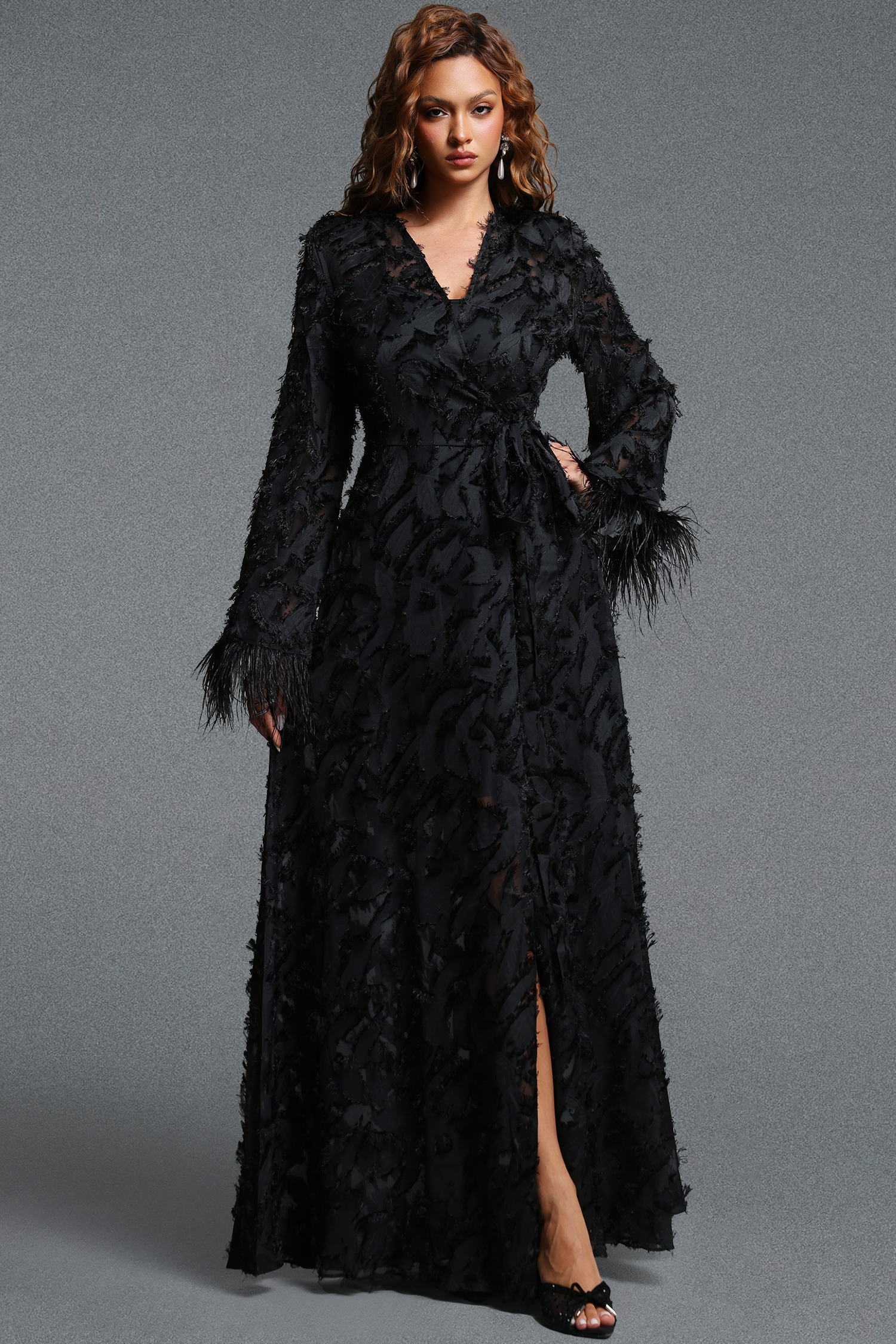 Kijin Vintage Flowy V Neck Long Sleeve Faux Feather‑Trimmed Side Floral Woven Black Maxi Dress